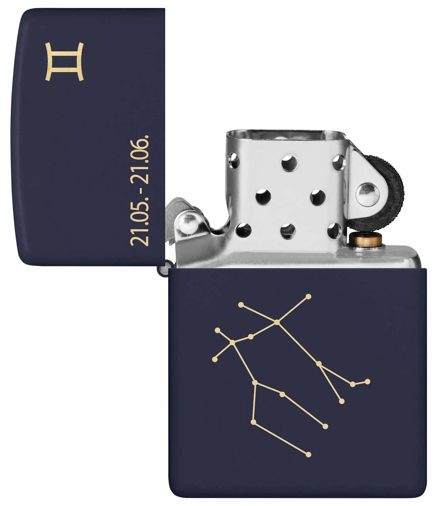 Zippo Zodiac Bliźnięta Zapalniczka Sztormowa, Grawerowanie Laserowe, Wielokrotnego Użytku, do Napełniania, Wiatroodporna Konstrukcja, Pudełko na Prezent, Wykonano w USA, Kolor Granatowy Matowy