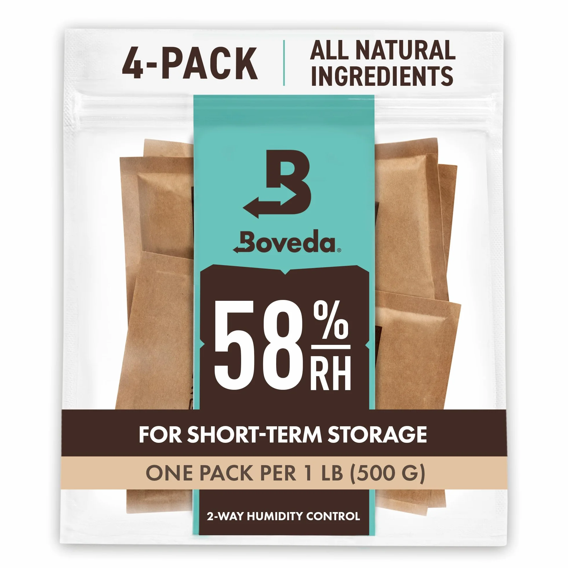 Boveda 58% Two-Way Humidity Control Packs For Storing 1 lb – Size 67 – 4 Pack – Moisture Absorbers for Storage Containers – Humidifier Packs – Hydration Packets in Resealable Bag