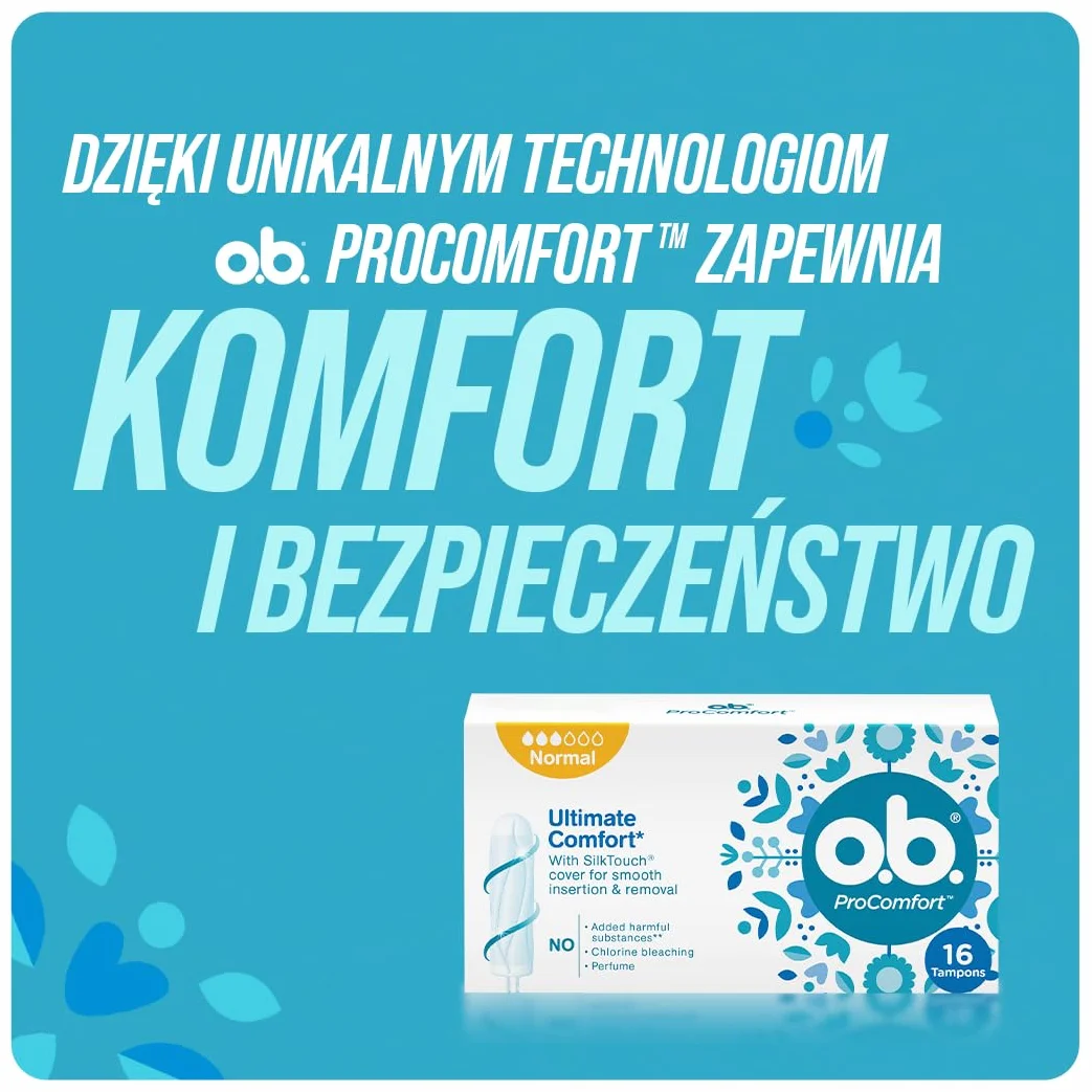 o.b. ProComfort Mini Tampony 64 szt., Łatwa aplikacja i usuwanie tamponu, Na słabe i umiarkowanie intensywne krwawienie, Wnętrze tamponu wykonane w 100% z materiałów pochodzenia roślinnego
