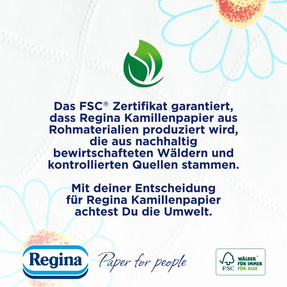 Regina Papier Rumiankowy 48 Rolek po 150 Listków, Miękki i Delikatny, Zapachowy, z Nadrukiem, 3 Warstwy, Duże Opakowanie, Certyfikat FSC, Czysta Celuloza