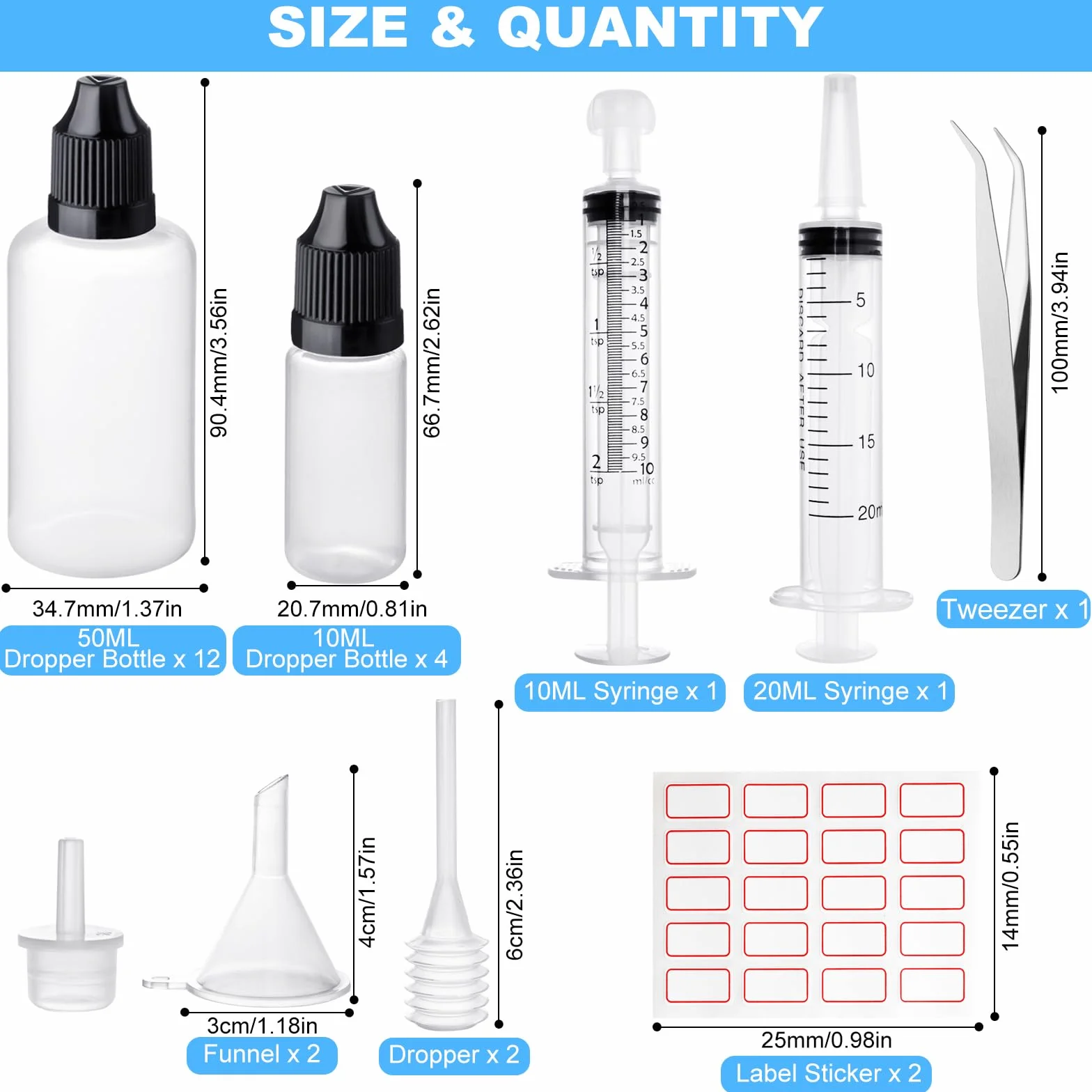 25 sztuk butelek z zakraplaczem, 50 ml, plastikowe butelki z pokrywką z zabezpieczeniem przed dziećmi, gratis lejek, etykiety, plastikowa strzykawka, miarka, pipeta