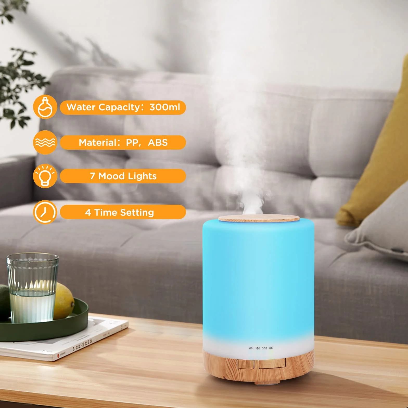 WD&CD Ultradźwiękowy dyfuzor zapachowy, 300 ml, nawilżacz powietrza, aromaterapia, dyfuzor olejków zapachowych z 7 kolorami LED, do domu, biura lub jogi – lekki rysunek słojów drewna