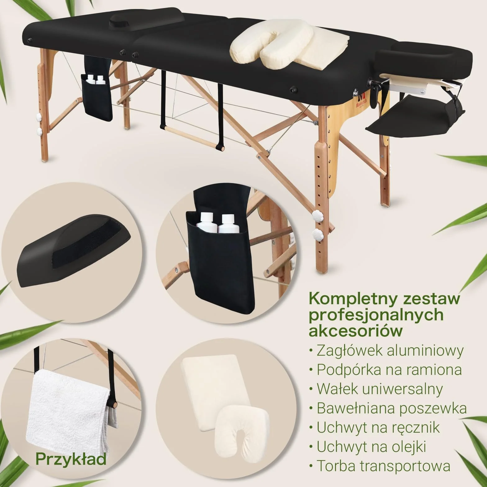 MASSUNDA Mobile Comfort Deluxe stół do masażu składany z regulacją wysokości szeroki lite drewno ergonomiczny zagłówek