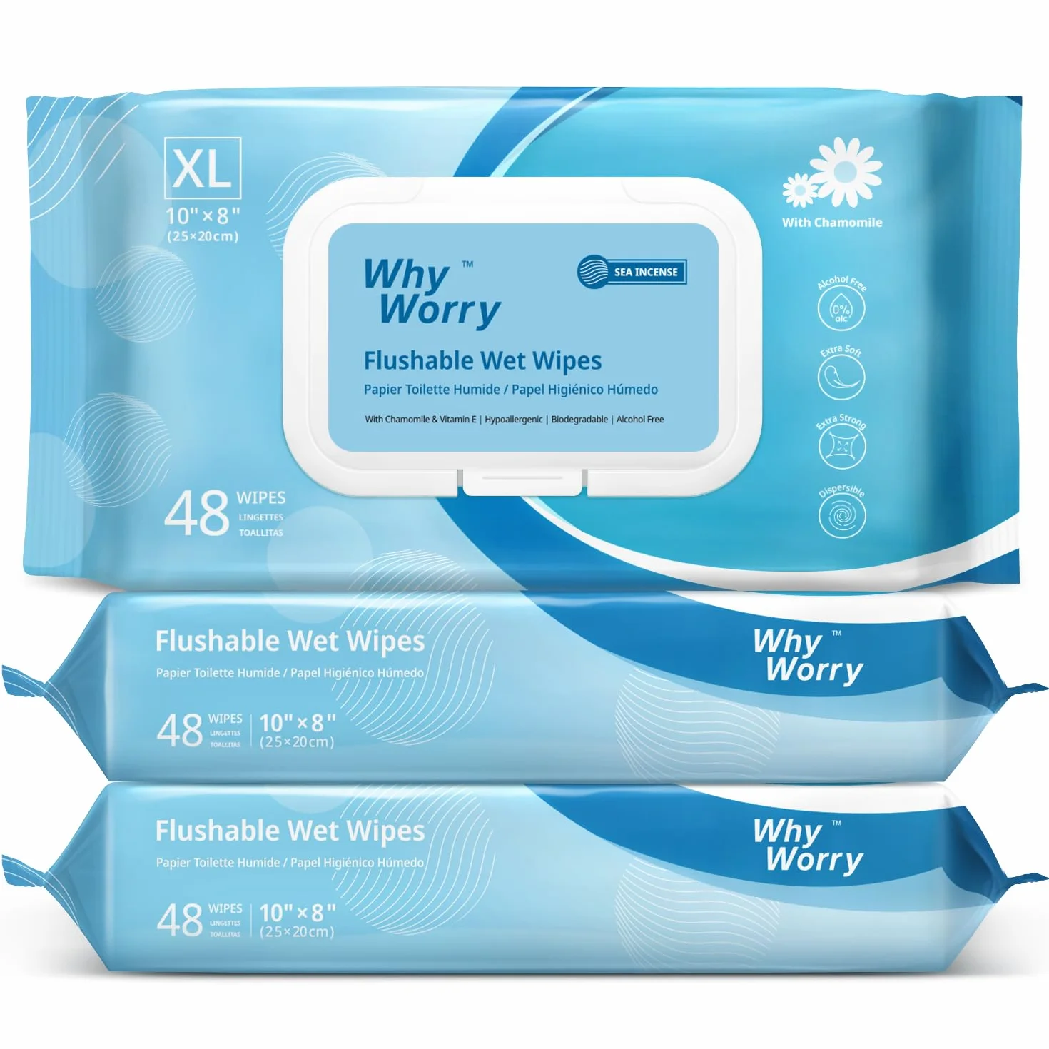 WhyWorry Wilgotny Papier Toaletowy Spłukiwalny 20x25cm Duże Nawilżany z Rumiankiem Biodegradowalny Bez Plastiku 144 Sztuk