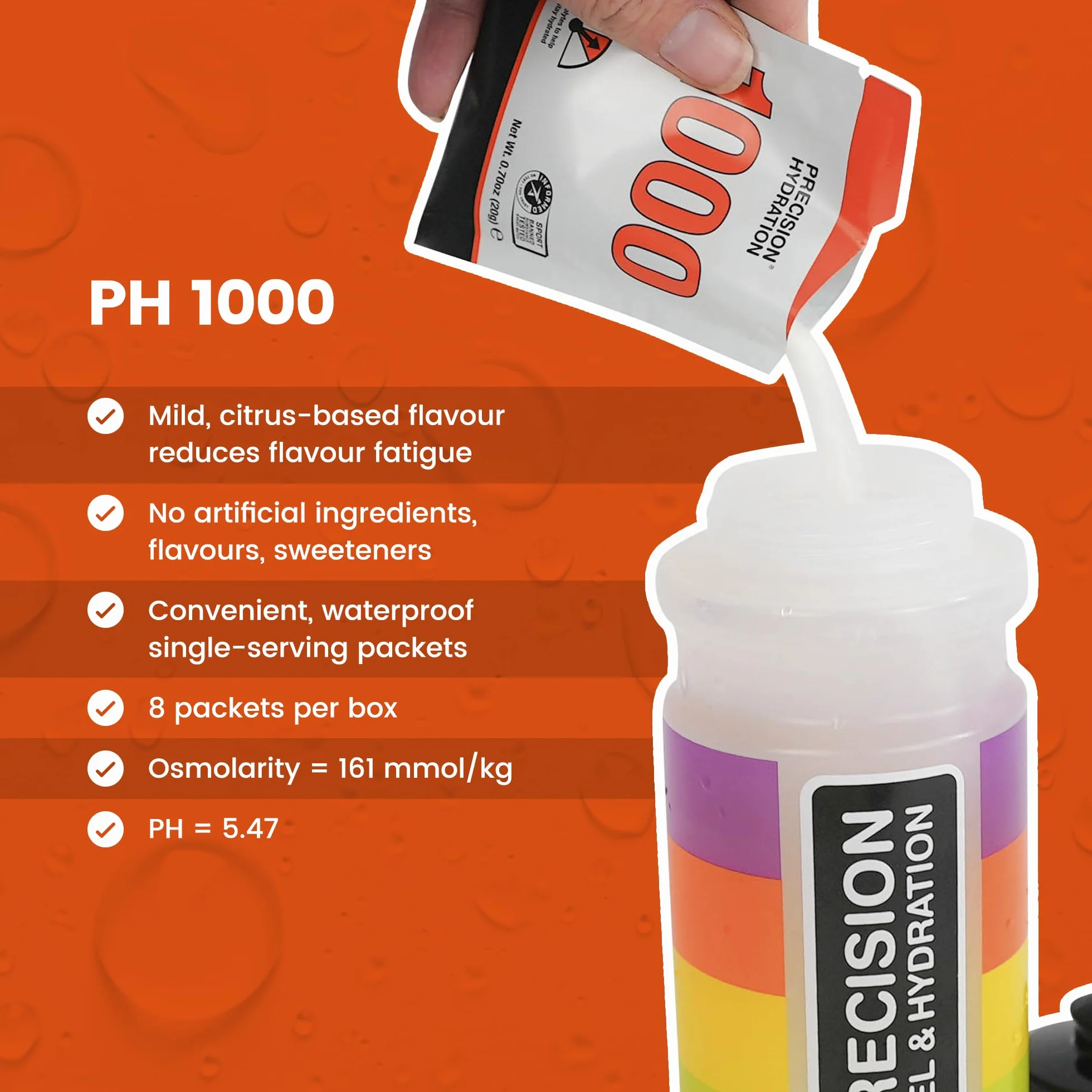 Precision Hydration Mieszanka Napoju Elektrolitowego - Bez sztucznych składników, Proszki elektrolitowe o różnej mocy - Indywidualne, wodoodporne porcje (1000 mg/l - Pomarańczowe, Pack of 80)