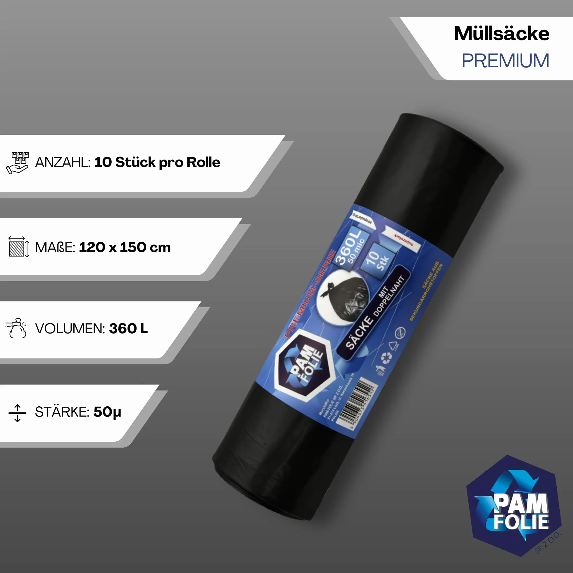 Worki na Śmieci 360L - 10 Sztuk - XXL, Duże, Bardzo Mocne, Grube - Premium 120x150cm - 50µm - Czarne - Na Gruz, Odpady Styropianowe