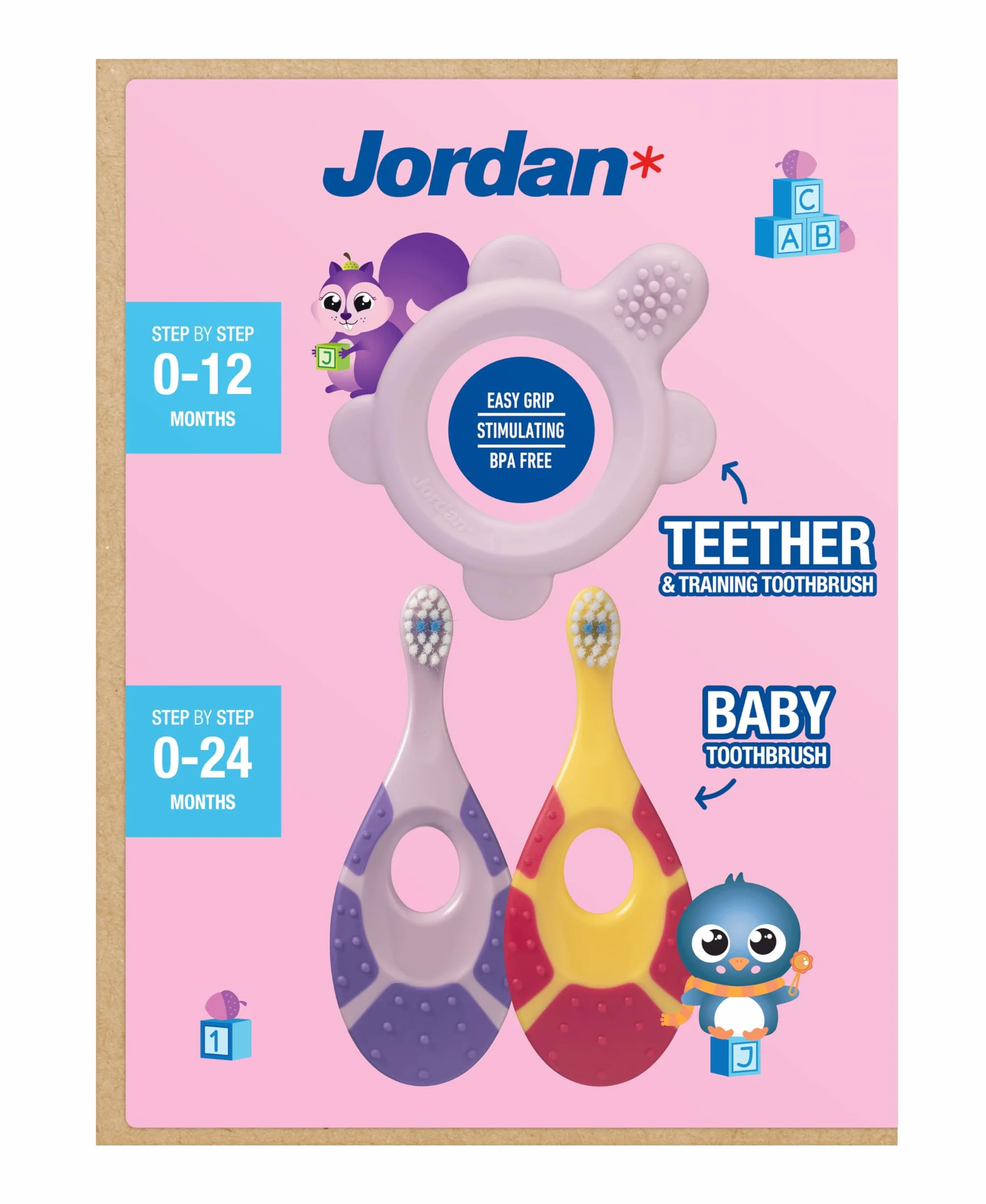 Jordan* | Step 0 Gryzak i szczoteczka do zębów treningowych | bez BPA, higieniczna, 2 w 1 rozwiązanie do ząbkowania i wczesnego szczotkowania dla niemowląt | różowa | 1 gryzaki + 2 szczoteczki do