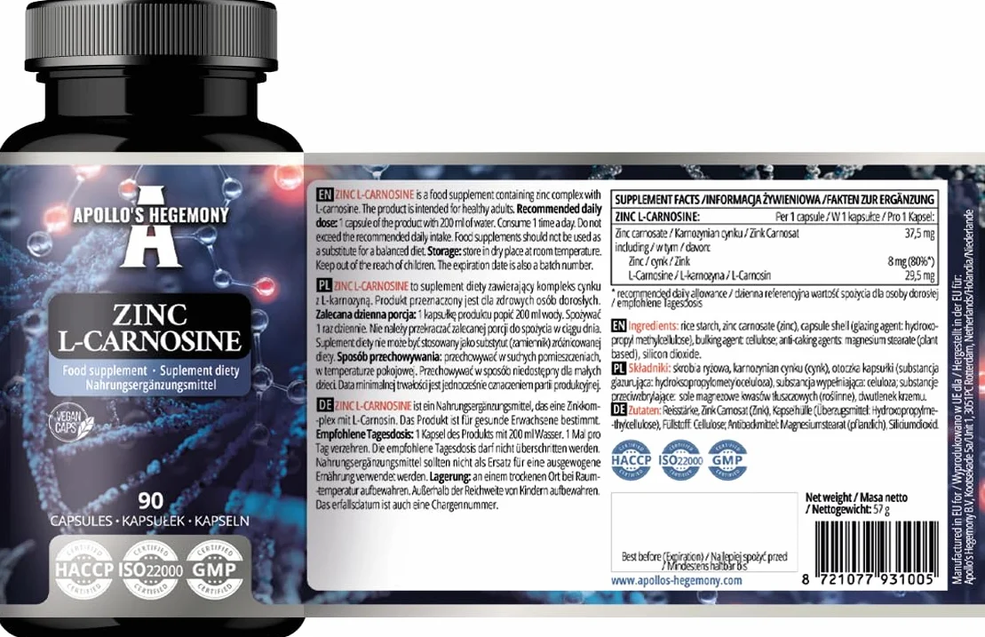 Cynk L-karnozyna 37,5 mg w kapsułce - 90 kapsułek wegańskich - zapas na 3 miesiące - dla zdrowia skóry, włosów i paznokci - suplement od Apollo's Hegemony