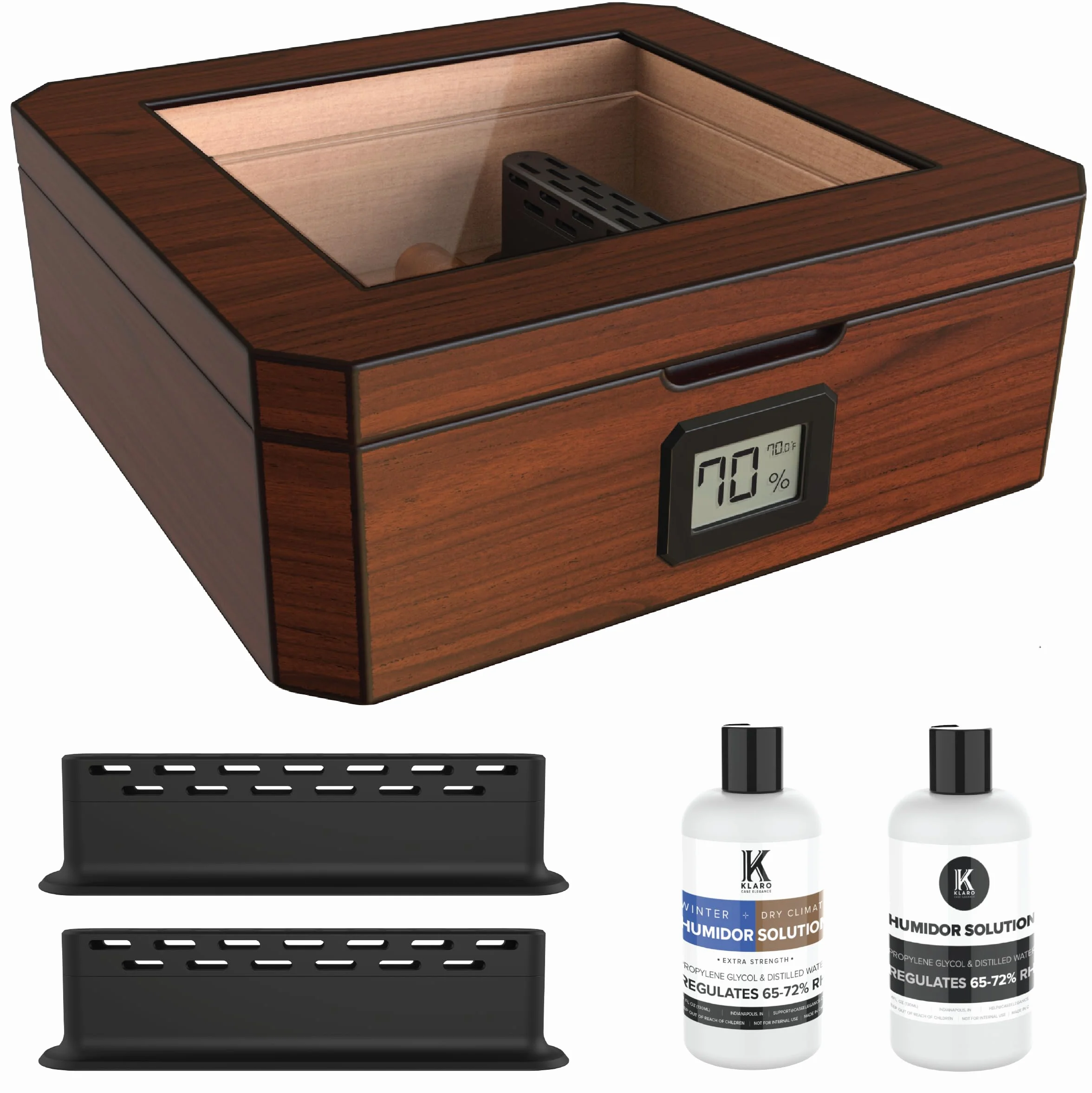 MAG Humidor Biurkowy Orzech Włoski Szklany Blat Magnetyczny Ośmiokątny Cyfrowy Higrometr Cedr Hiszpański 20-30 Cygar