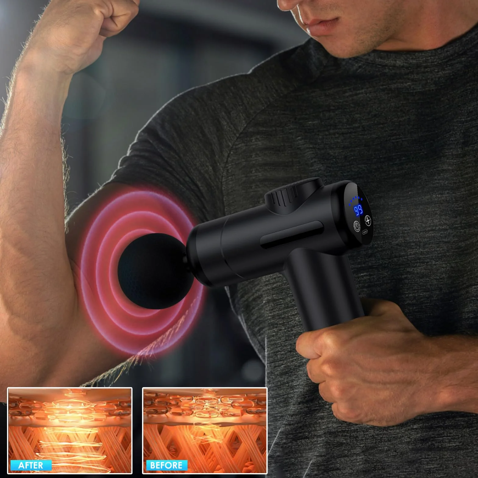 Pistolet do Masażu Mięśni z 99 Regulowanymi Prędkościami, 8 Głowicami, Ekranem LCD, Ładowanie USB