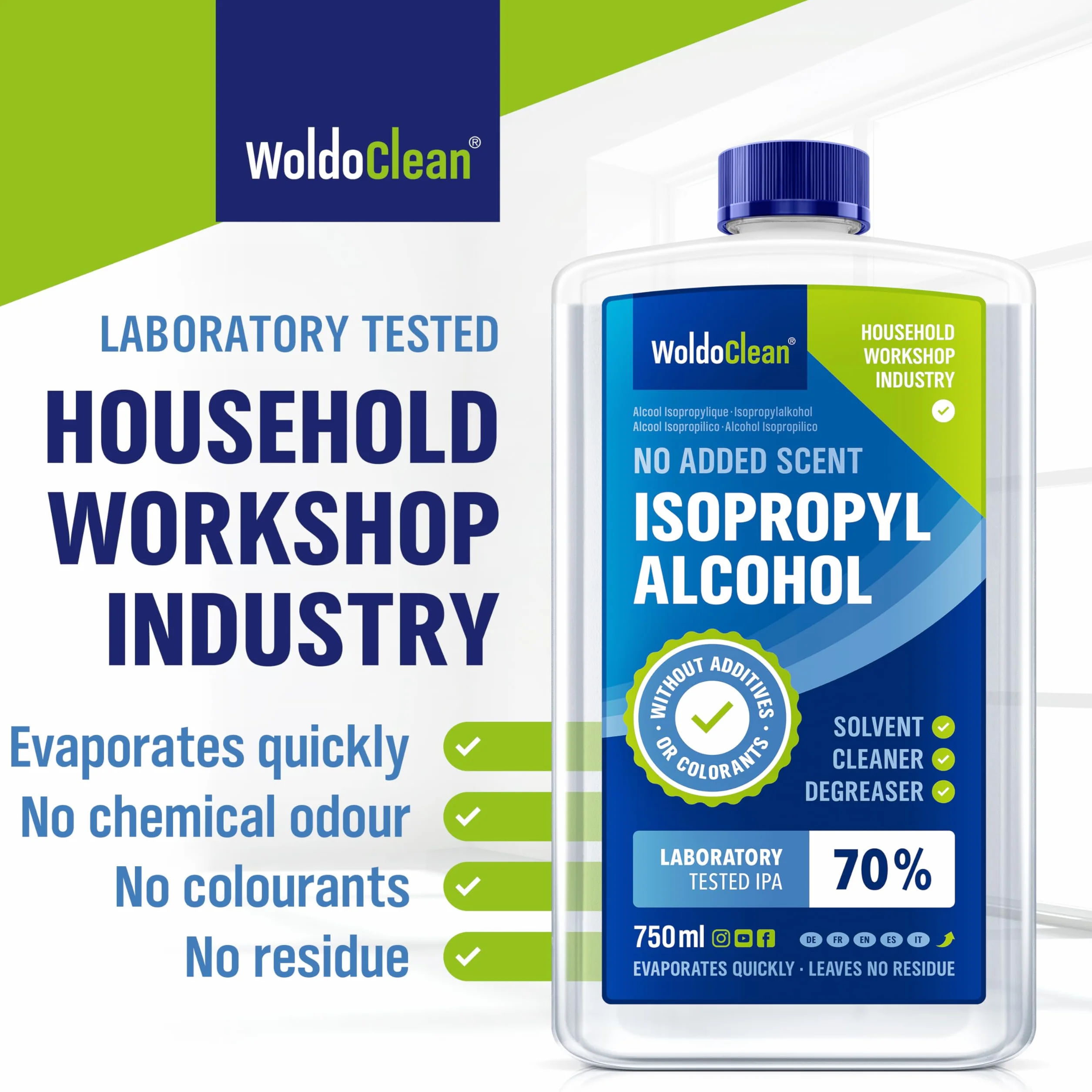 WoldoClean Alkohol izopropylowy 70% 750 ml – Środek czyszczący do elektroniki, szkła i gospodarstwa domowego, IPA, odtłuszczacz i rozpuszczalnik, nie pozostawia śladów