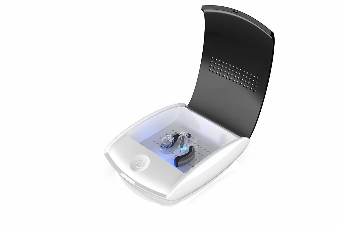 flow-med dry-sun UV 2.1 Suszarka do Aparatów Słuchowych - Promieniowanie UV-C i Światło Niebieskie – Usuwa Wilgoć – Etui do Przechowywania – USB-C – Produkt Medyczny – Regulacja Temperatury