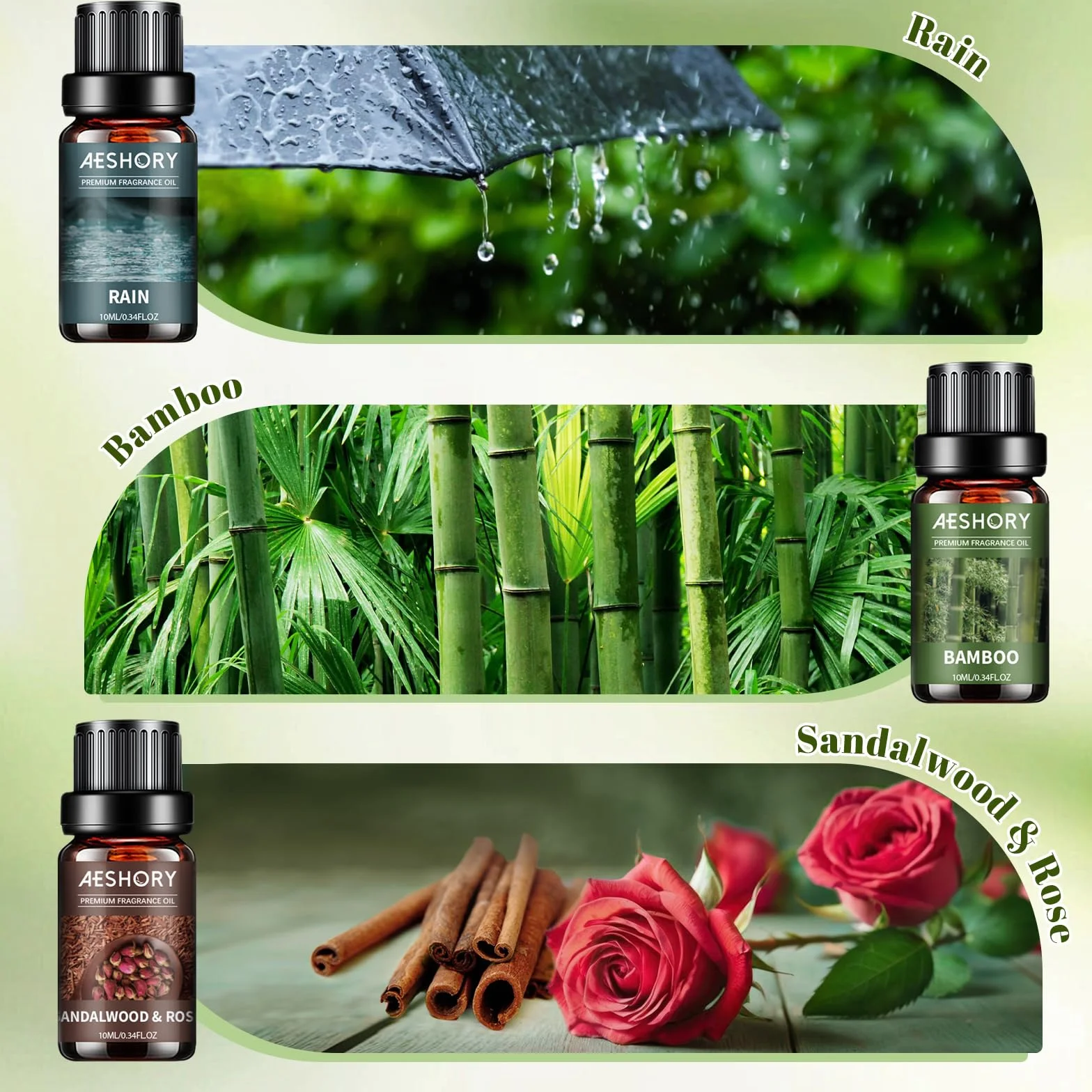 AESHORY 6 x 10ML Zestaw Naturalnych Olejków Eterycznych Do Dyfuzora, Relaksu, Wyrobu Świec - Bambus, Deszcz, Sosna Leśna, Drzewo Sandałowe I Róża, Lawenda I Rumianek, Świeżo Ścięta Trawa