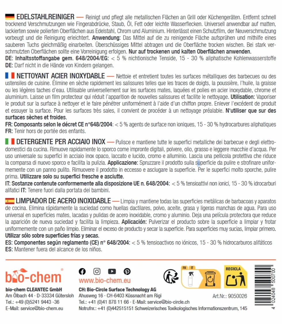 bio-chem Środek do czyszczenia stali nierdzewnej – 750 ml – spray do pielęgnacji kuchni, gospodarstwa domowego i grilla ze stali nierdzewnej, aluminium i chromu – pielęgnacja stali nierdzewnej