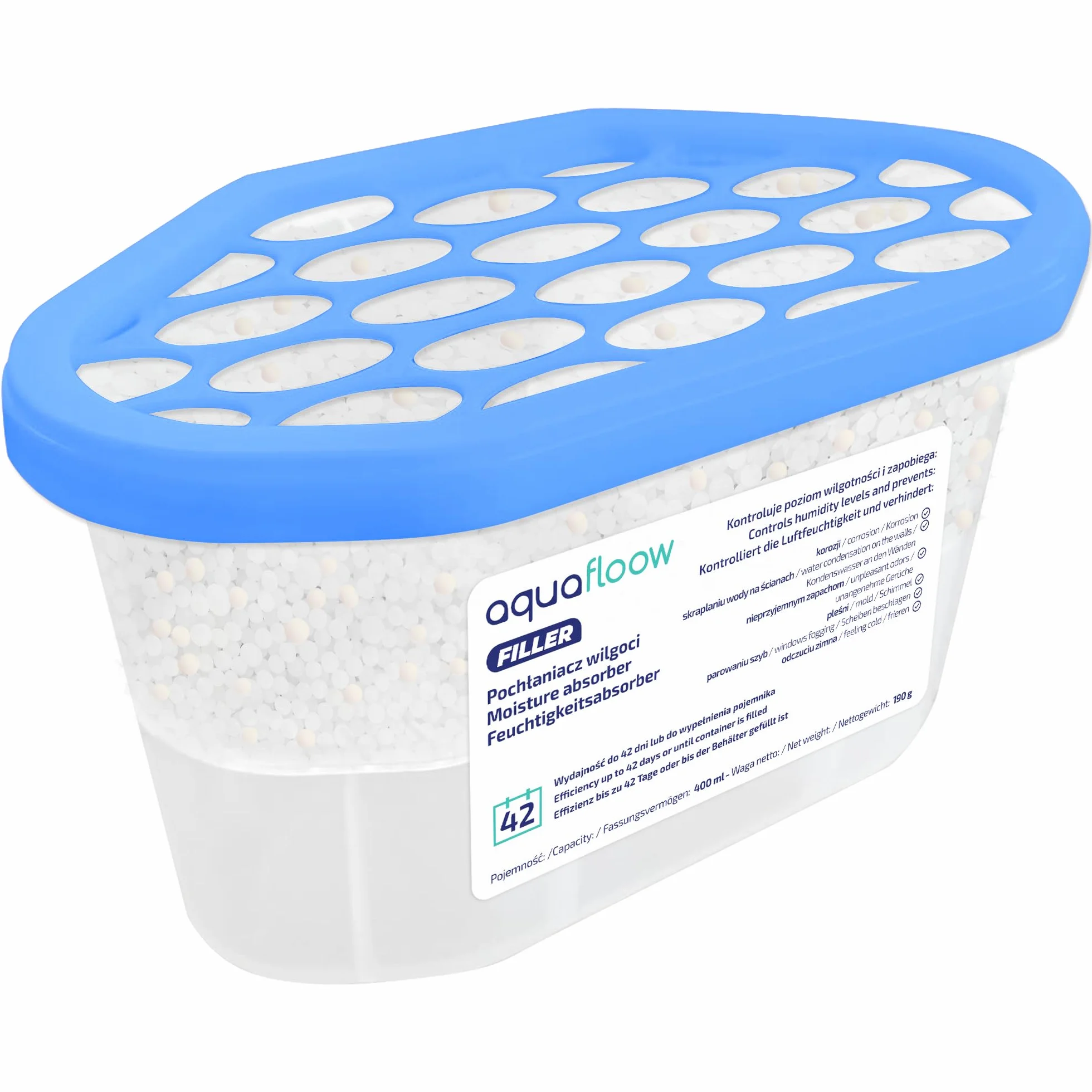 Aquafloow Osuszacz Pokojowy 400 ml, Redukuje Wilgotność, 6 Sztuk | Neutralizator Zapachów, Pochłaniacz Wilgoci do Kuchni, Szafki, Łazienki i Gabinetu
