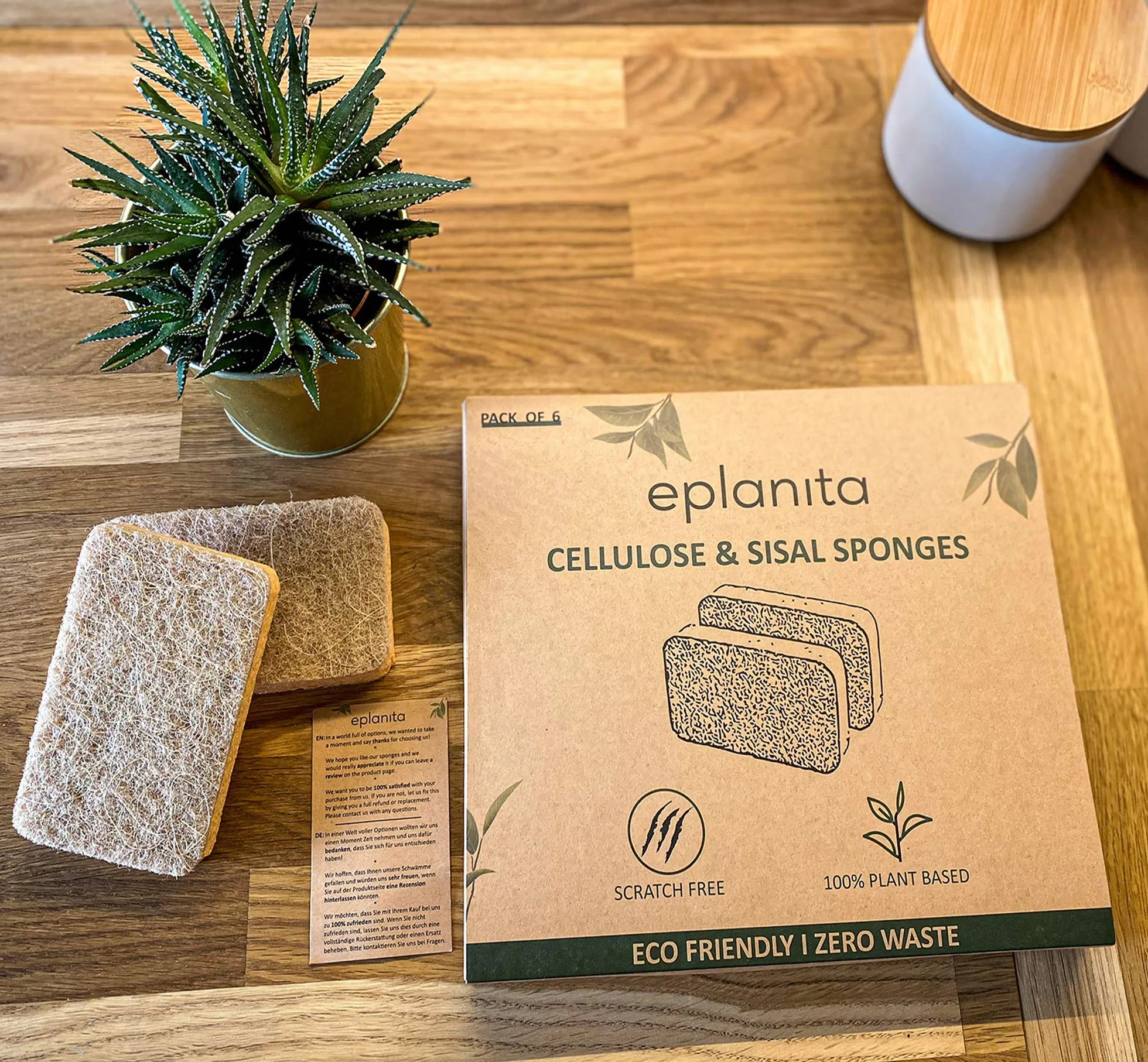 eplanita Naturalne gąbki z celulozy i sizal (opakowanie 6 sztuk) bio gąbka do czyszczenia, gąbka kuchenna, gąbka do mycia naczyń, biodegradowalna, przyjazna dla środowiska, wielokrotnego użytku i trwała