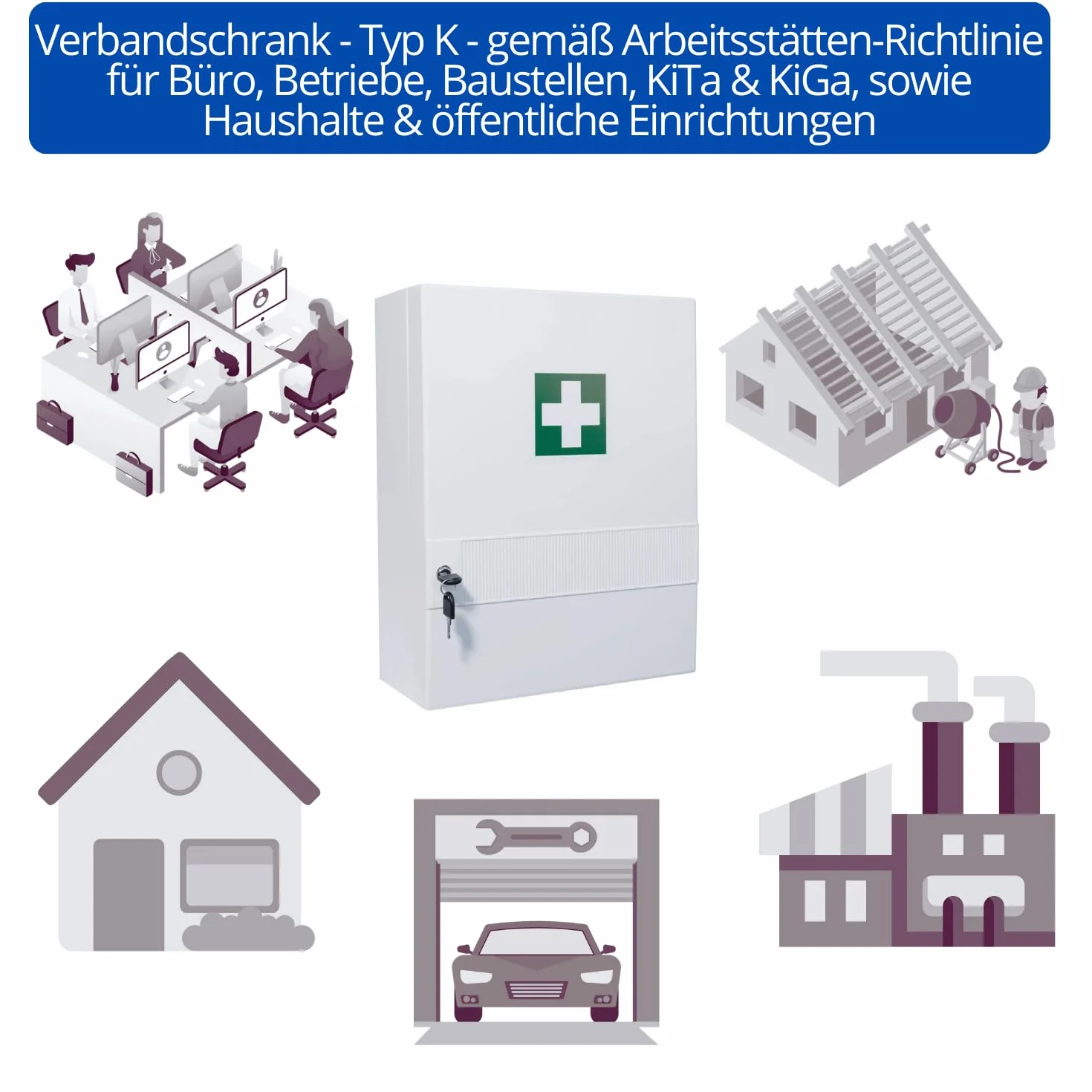 Apteczka pierwszej pomocy z DIN 13157, szafka medyczna z tworzywa sztucznego, 10 przegródek (4 wyjmowane), zamek bezpieczeństwa – 45 x 34,5 x 16 cm – wytrzymała i kompaktowa – do zawieszenia, w
