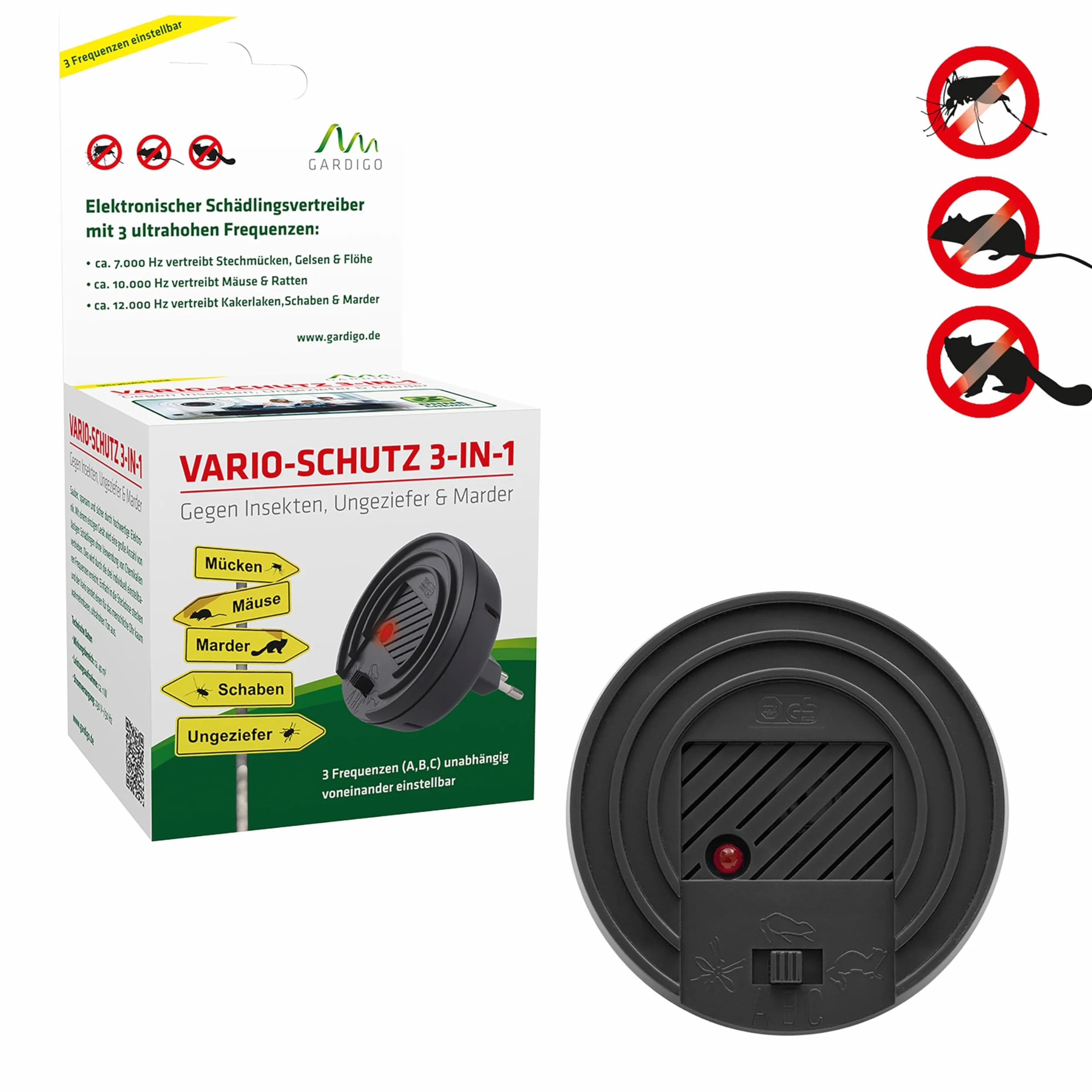 GARDIGO® Odstraszacz do myszy i szkodników na wtyk | Zwalczanie szkodników | 3 w 1 - Zmienna częstotliwość 7 kHz, 10 kHz, 12 kHz | Odstraszanie komarów, rybików cukrowych, much, myszy, szczurów, kun