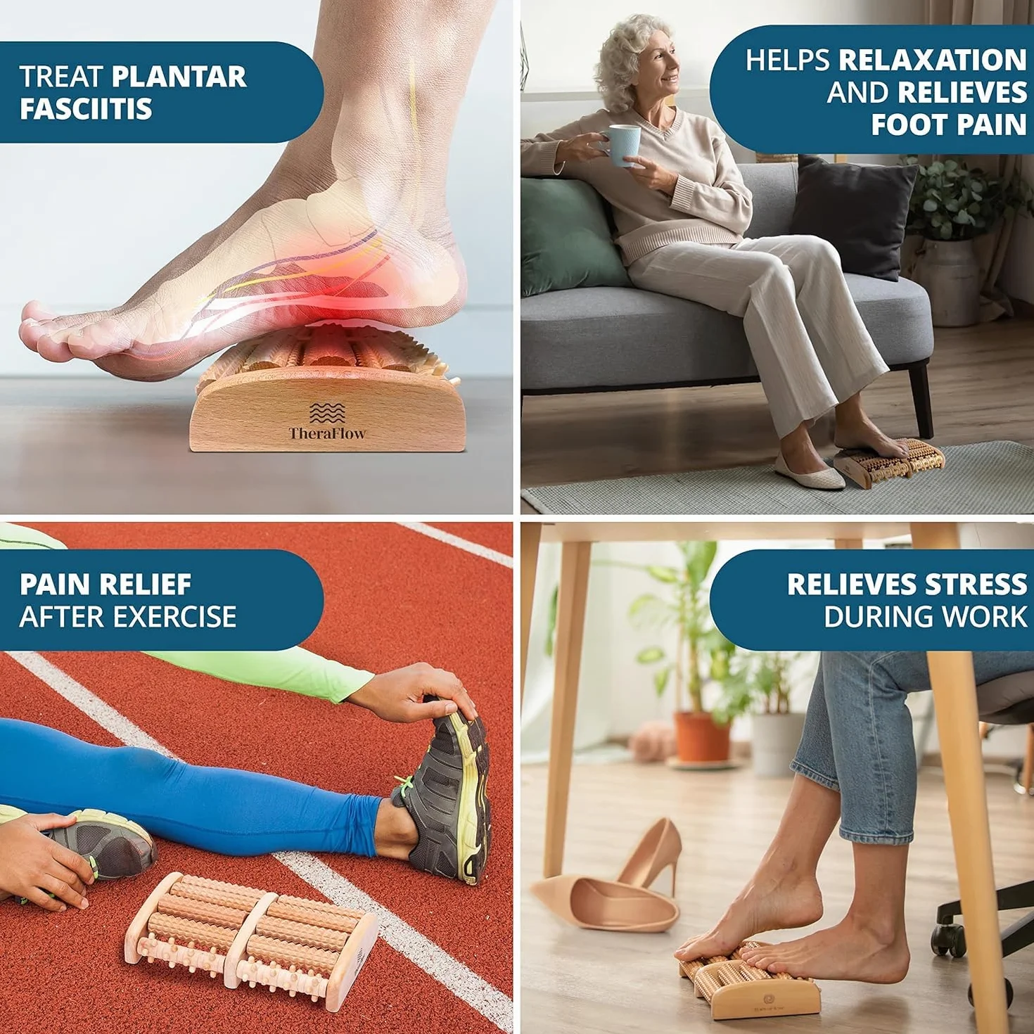 TheraFlow Double Size Masażer do stóp - Oryginalna Acupression Shiatsu - Ulga w zapaleniu powięzi podeszwy - Schemat refleksologii podeszwy/Instrukcja użytkowania - Drewno (XLarge)