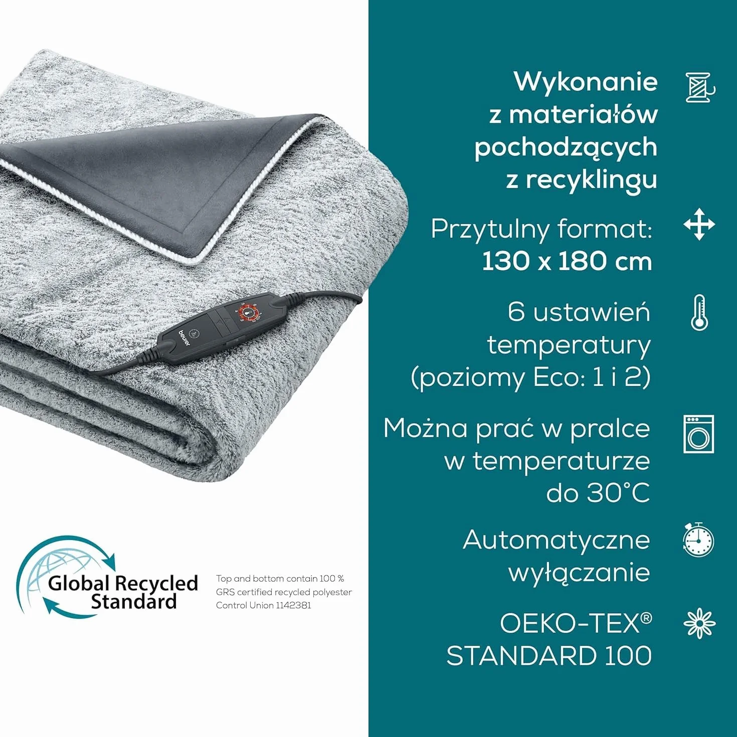 Beurer HD 75 Nordic Grey koc rozgrzewający 180 x 130 cm 6 ustawień temperatury automatyczne wyłączanie