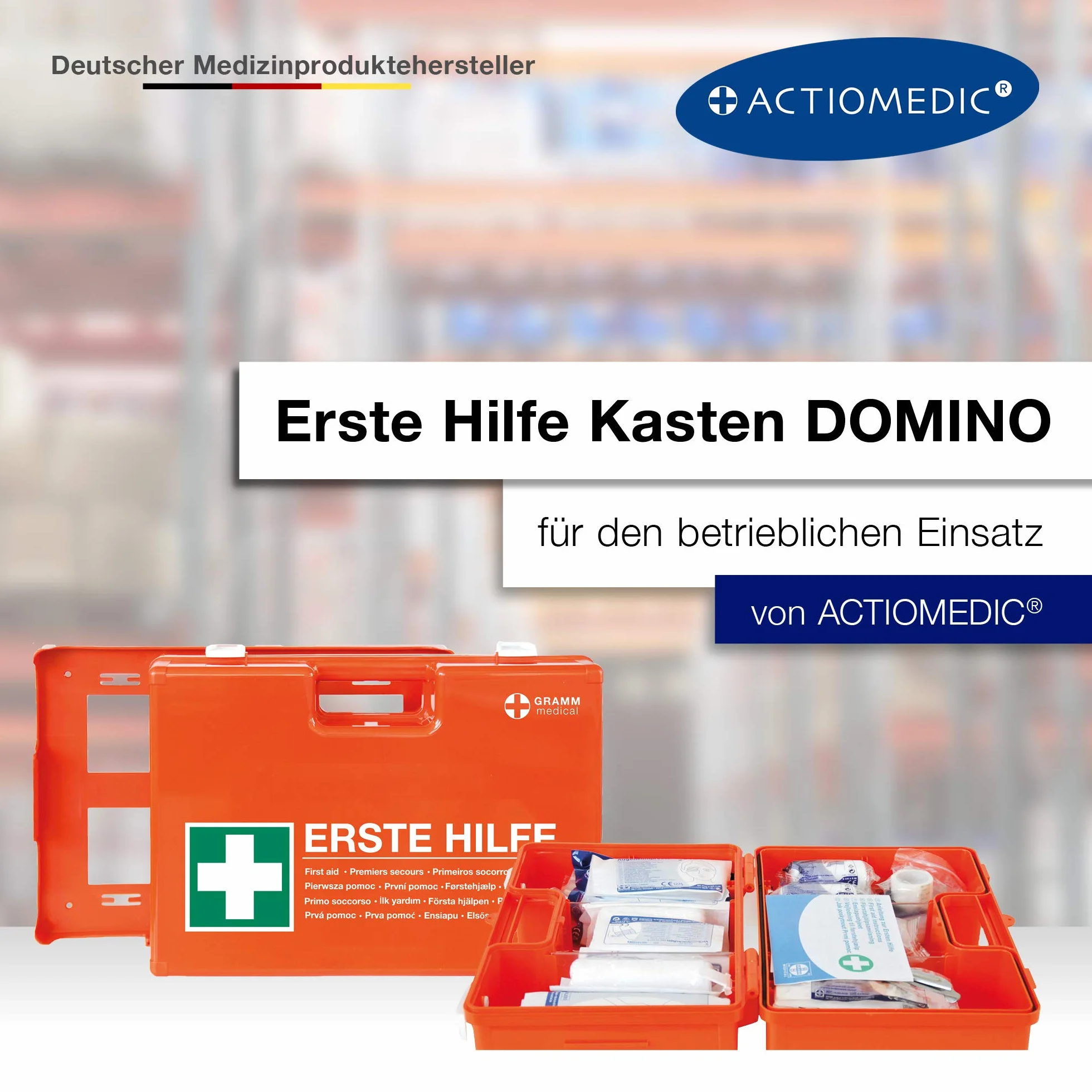 ACTIOMEDIC I Mobilny i stacjonarny zestaw zapasowy z uchwytem ściennym, DOMINO DIN 13157:2021, Opatrunki hipoalergiczne, wielojęzyczne etykietowanie, nośniki wizualne, 28x12x20 cm