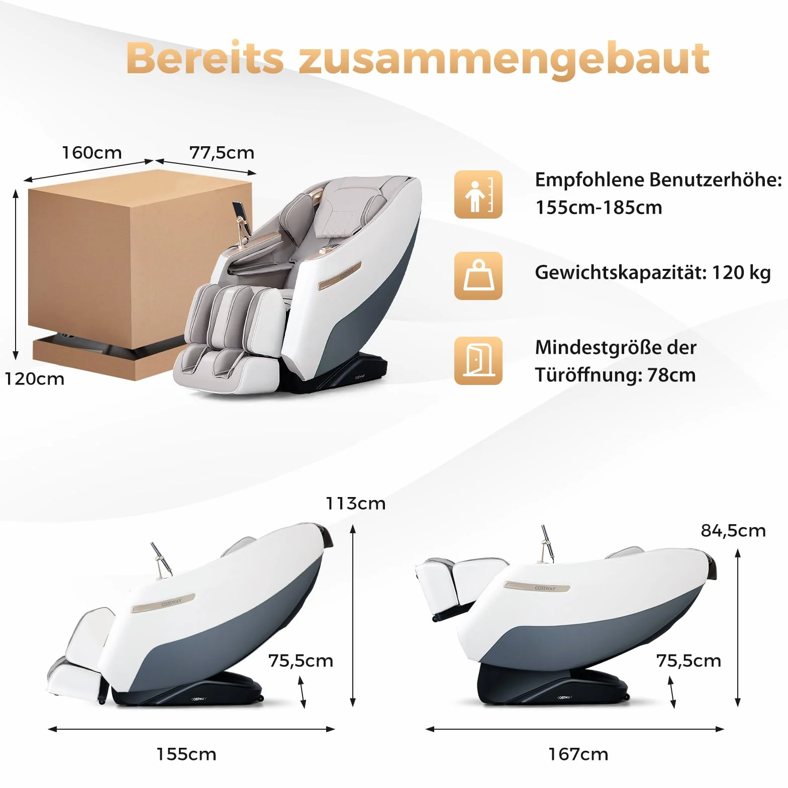 COSTWAY Fotel masujący, Zero Gravity SL Track Shiatsu fotel do masażu, ogrzewanie i masaż pneumatyczny, fotel do masażu całego ciała, z 12 trybami automatycznymi i pilotem zdalnego sterowania
