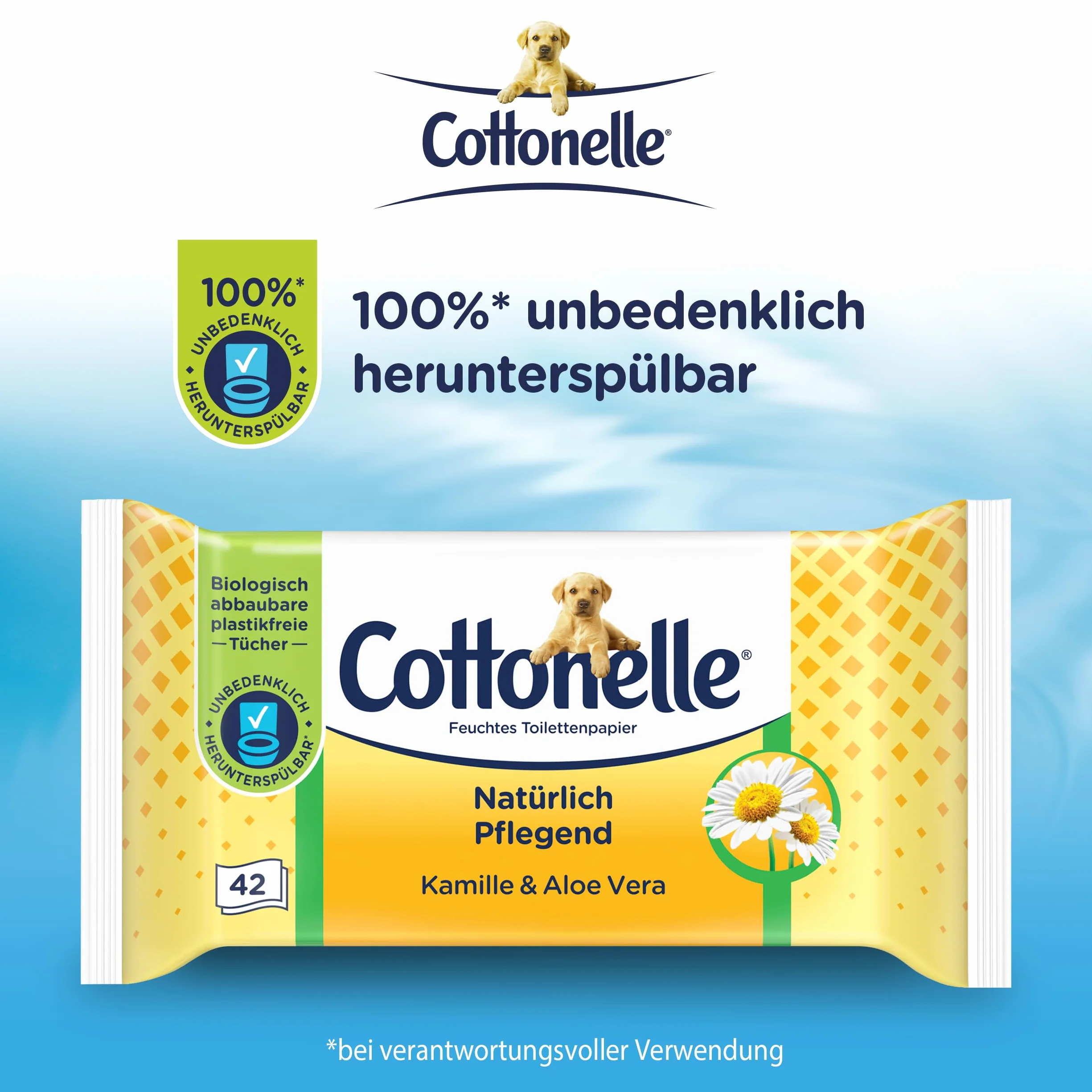 Cottonelle Wilgotny papier toaletowy, naturalnie pielęgnujący – rumianek i aloes, biodegradowalny, nie zawiera plastiku, możliwość ponownego zamknięcia, opakowanie ekonomiczne, 12 x 42 chusteczki