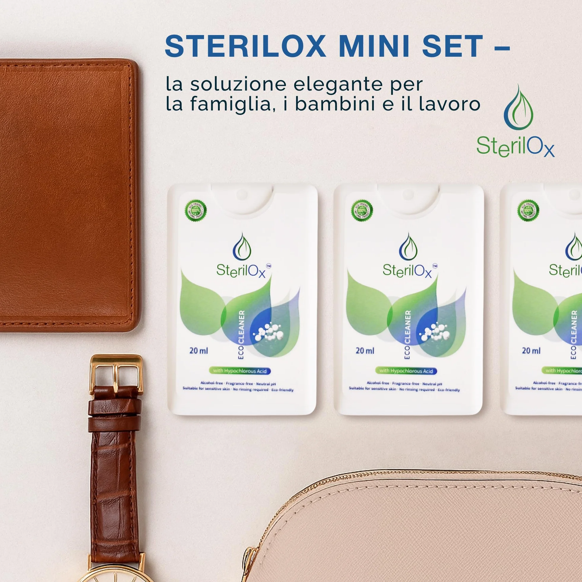 3 × 20 ml – higieniczny spray na bazie kwasu podchlorawego (HOCl), bezalkoholowy, do czyszczenia rąk i akcesoriów, mini zestaw do domu i podróży