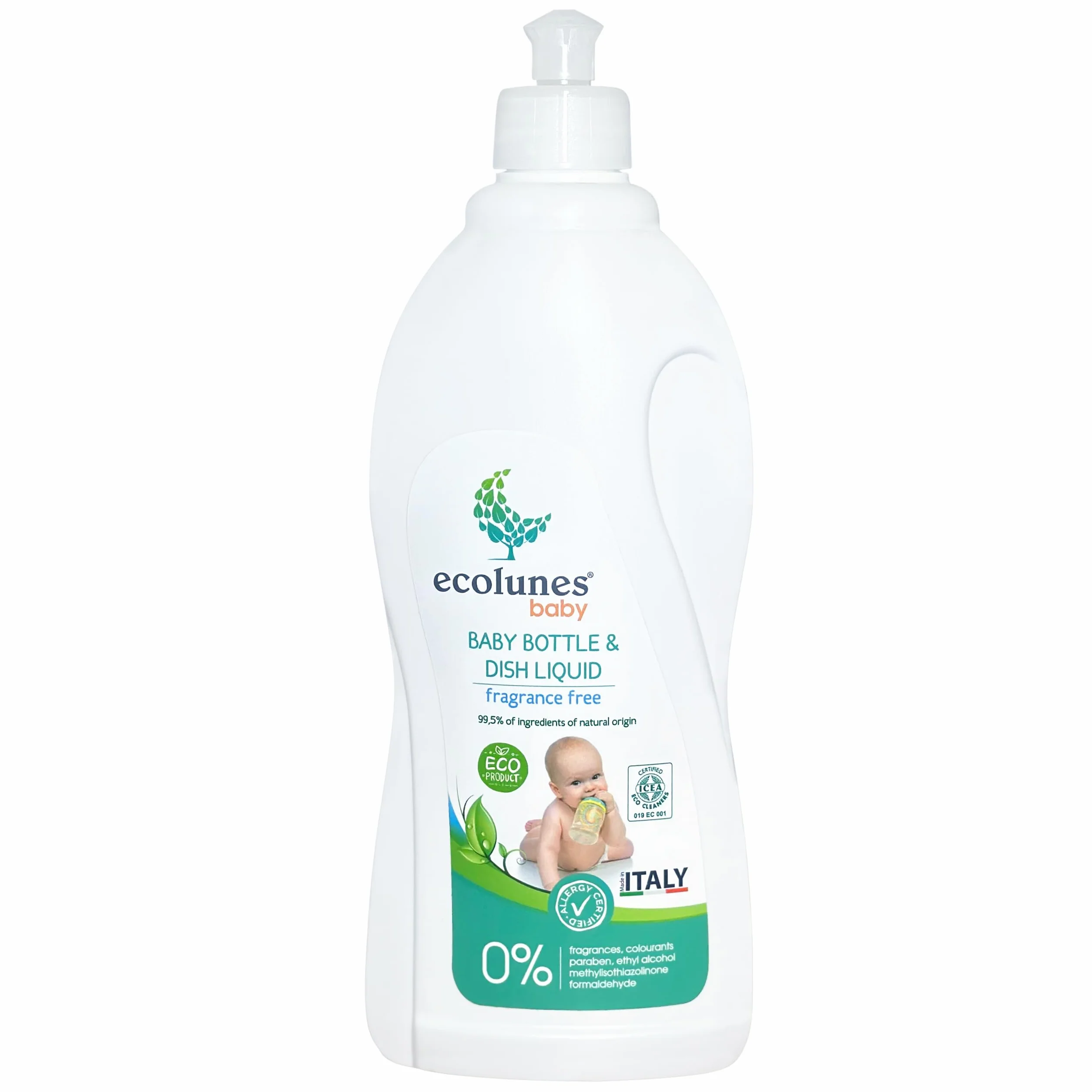 Ecolunes Baby Bottle and Dish Liquid fragrance free, Bezzapachowy płyn do butelek i naczyń 99,5% składników pochodzenia naturalnego, nie powoduje alergii, testowany dermatologicznie, 750 ml