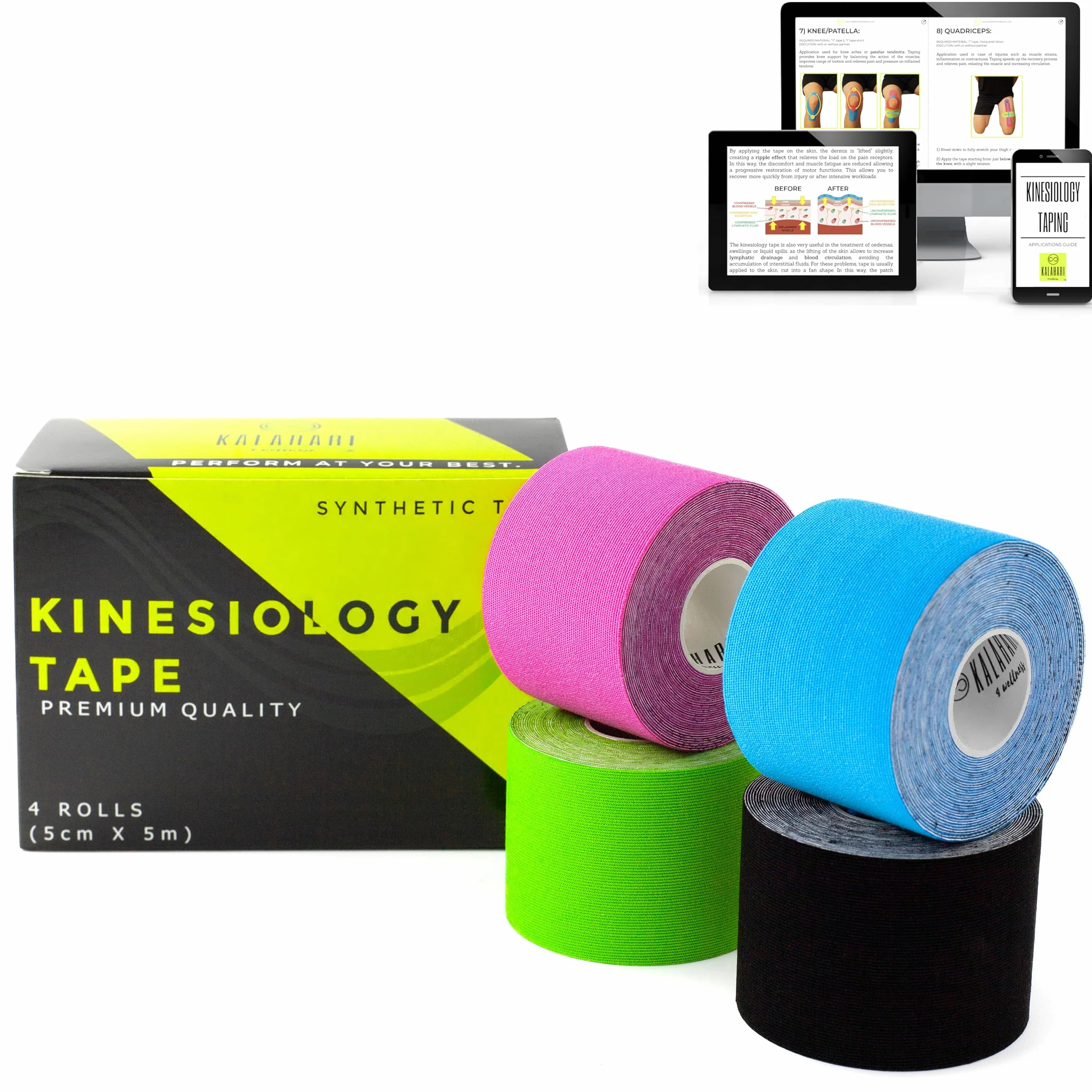 KALAHARI 4 rolek profesjonalna taśma kinezjologiczna + aplikacje eBooks, kinezjologia taśma o wysokiej przyczepności, odporna na pot i wodę, nerwowo-mięśniowa kineza taping do sportu, rehabilitacji 5