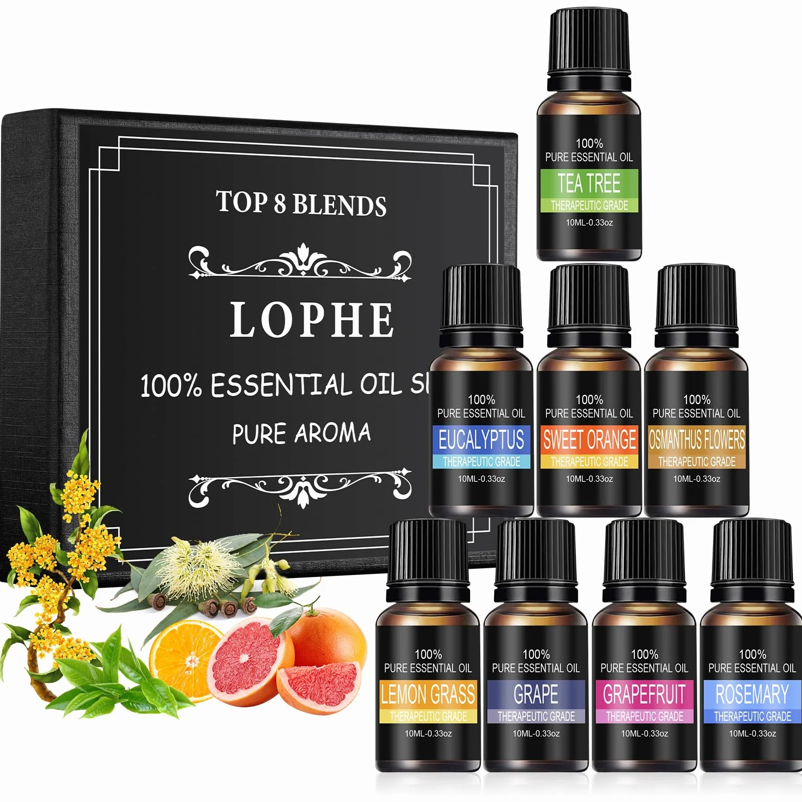 LOPHE Zestaw olejków eterycznych 8 x 10 ml, Zestaw olejków eterycznych do dyfuzorów, Zestaw czystych naturalnych olejków zapachowych do mydła, świec, SPA
