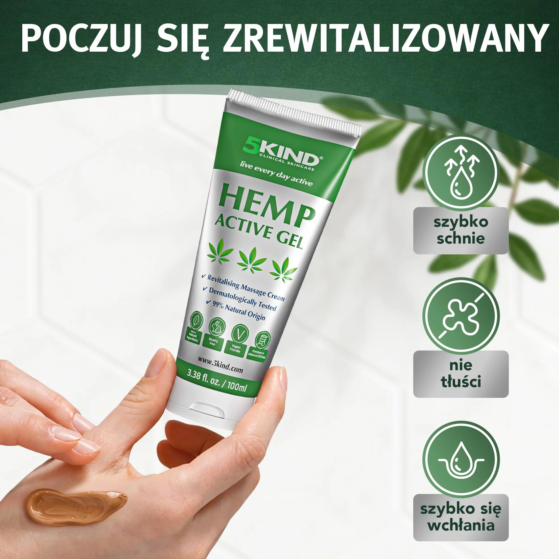 5kind uspokajający aktywny żel konopny do mięśni i stawów – bardzo skuteczna, uspokajająca formuła z olejkiem konopi i naturalnymi ekstraktami, uspokaja stopy, kolana, plecy, ramiona 100ml