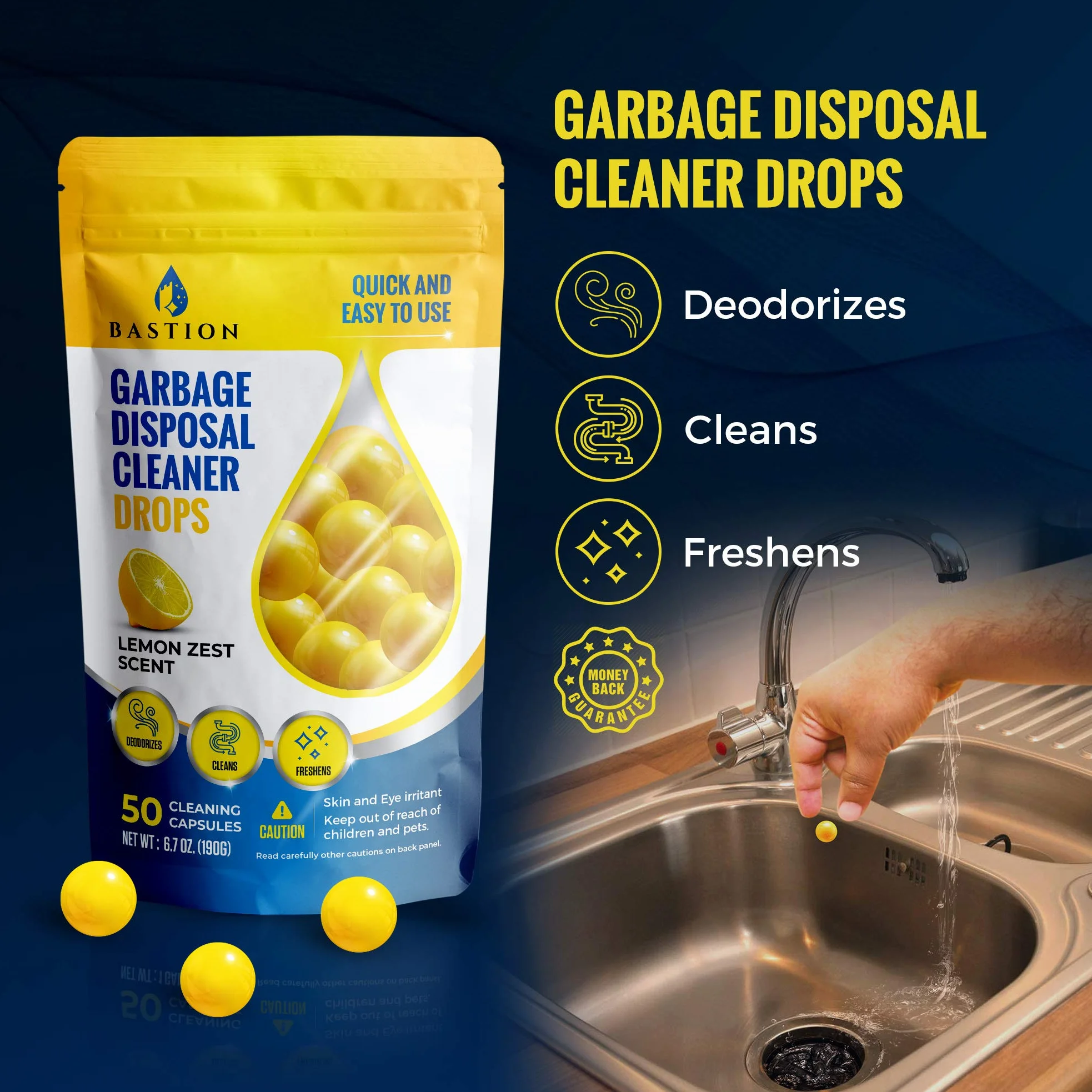 Garbage Disposal Cleaner and Deodorizer Drops- [[50-Count]] Lemon Zest Scented Kitchen Sink Freshener Pods & Drain Odor Eliminator Disposer Care Balls by Bastion