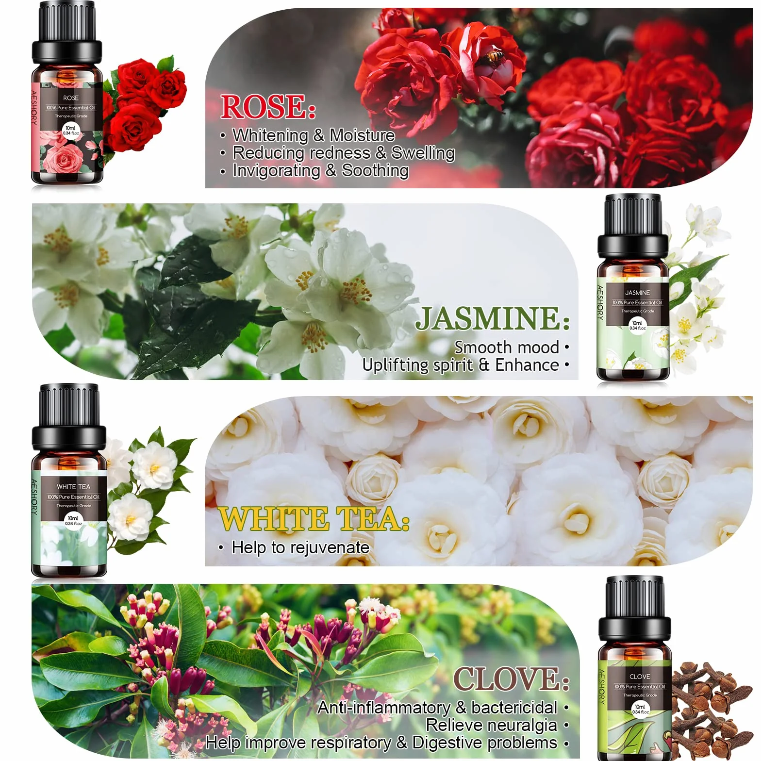 Aeshory Zestaw Olejków Eterycznych Kwiaty 7 x 10ml, 100% Naturalny Olejek Zapachowy Do Aromaterapii Do Dyfuzorów - Lawenda, Róża, Biała Herbata, Kwiat Wiśni, Rumianek, Ylang-Ylang, Goździk