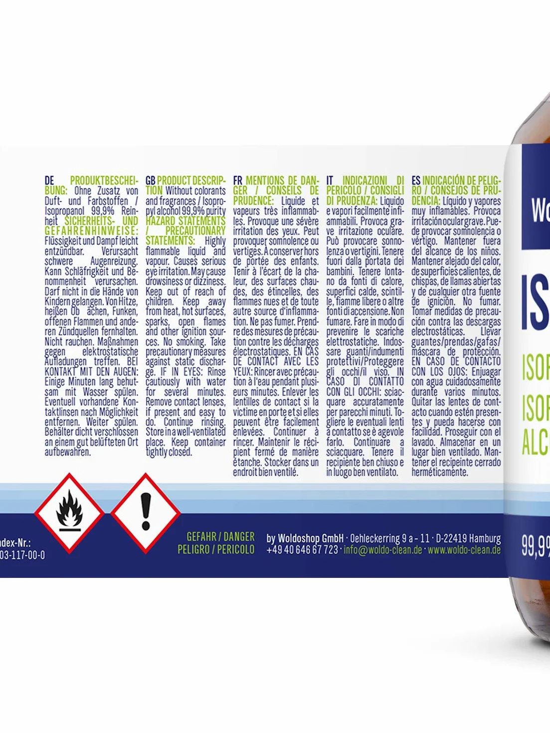 WoldoClean Isopropanol 99,9% alkohol czyszczący 250 ml butelka szklana – IPA wysokiej czystości, bezbarwny i niepozostawiający pozostałości do elektroniki, drukarek 3D, gospodarstwa domowego i prac rę