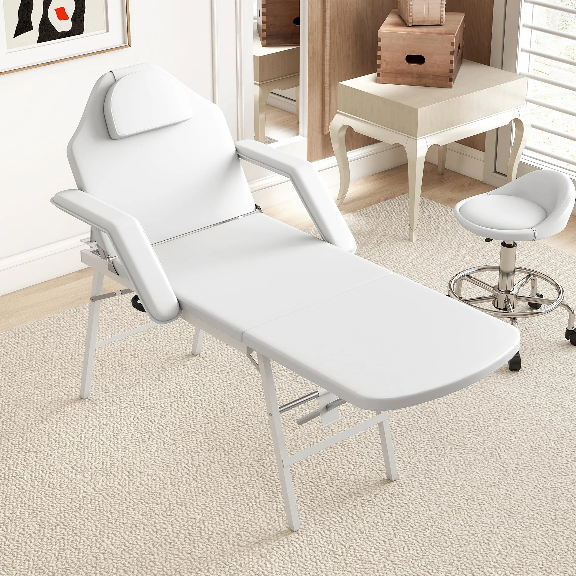 HOMCOM Portable Massage Table 3 Section Adjustable Beauty Bed Foldable with Headrest Padded Armrests White