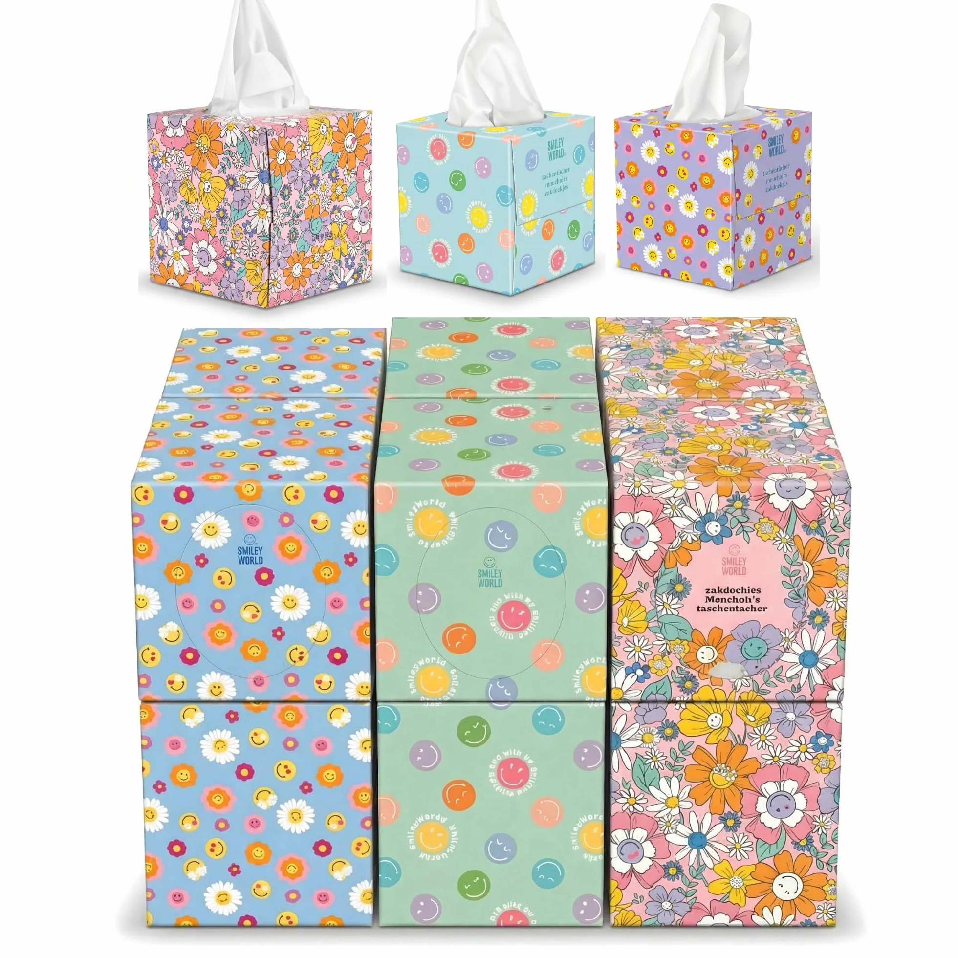 SMILEYWORLD Ultra Soft chusteczki higieniczne – 12 pudełek na kostki x 48 arkuszy (łącznie 576 arkuszy), 3-warstwowe – 3 wzory – pudełko na chusteczki do domu i biura (Bloom Edition)