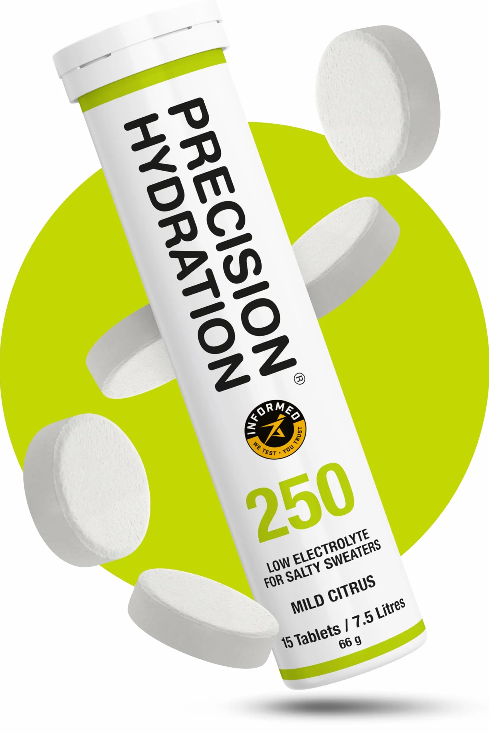 Precision Hydration Tabletki musujące - elektrolity na skurcze - niskokaloryczne, bezglutenowe, wegańskie (250 mg/l - zielona rurka, 1 rurka)