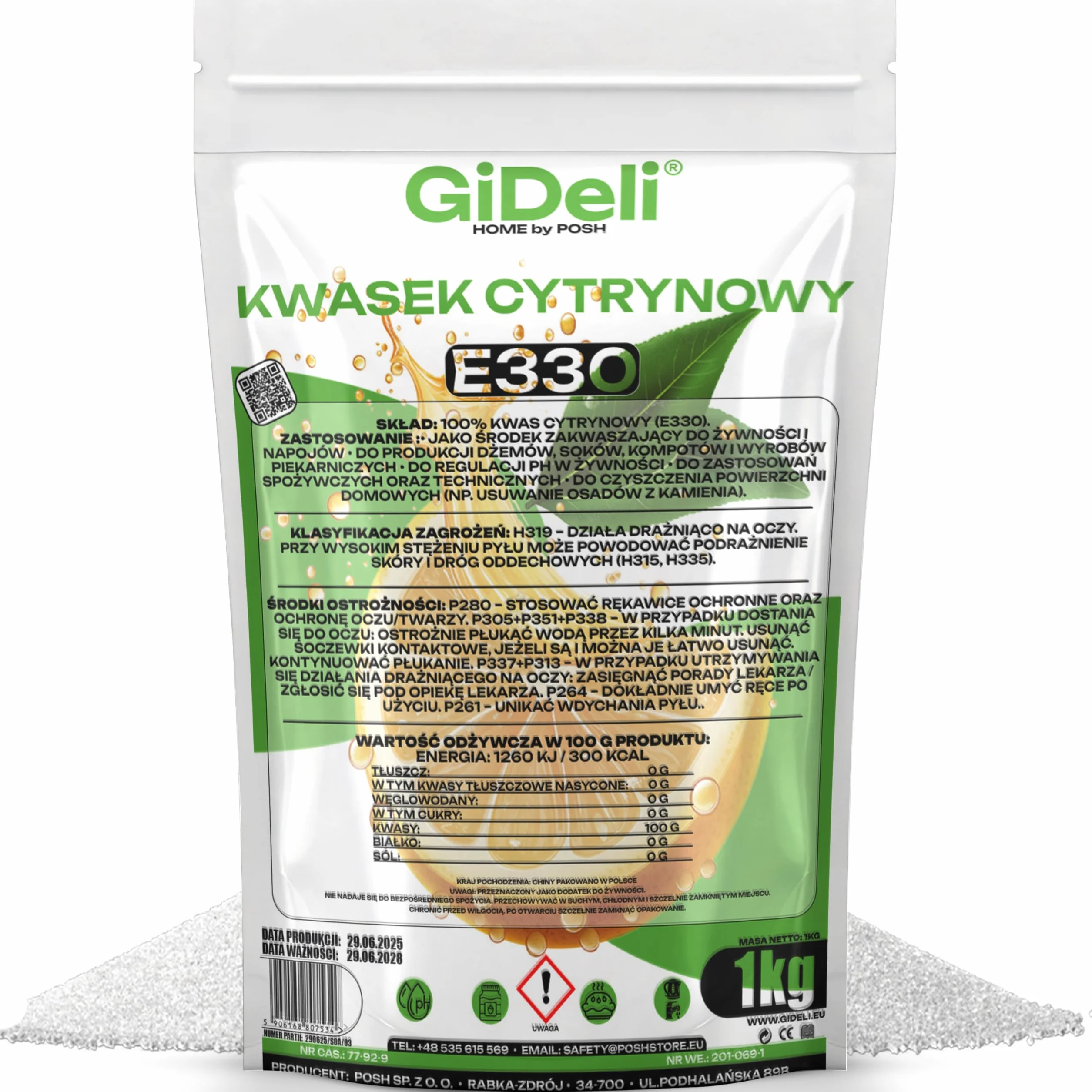 GiDeli Kwas Cytrynowy 2x1kg - E330 Jakość Spożywcza w Proszku - Regulator Kwasowości Idealny do Czyszczenia, Odkamieniania, Pieczenia i Gotowania - Produkt Naturalny bez GMO