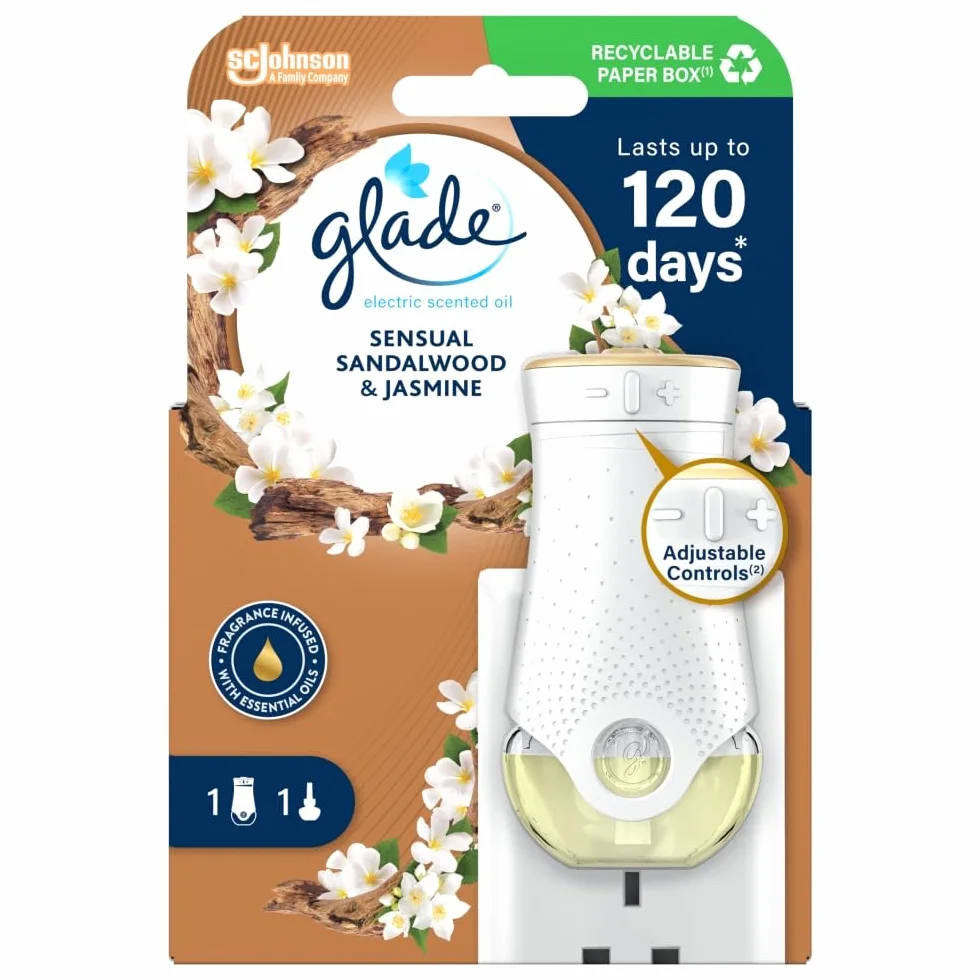 Glade Odświeżacz powietrza, elektryczny zapachowy pojemnik na olejki i wkład, drzewo sandałowe i jaśmin, zestaw startowy, 1 uchwyt i wkład 20 ml