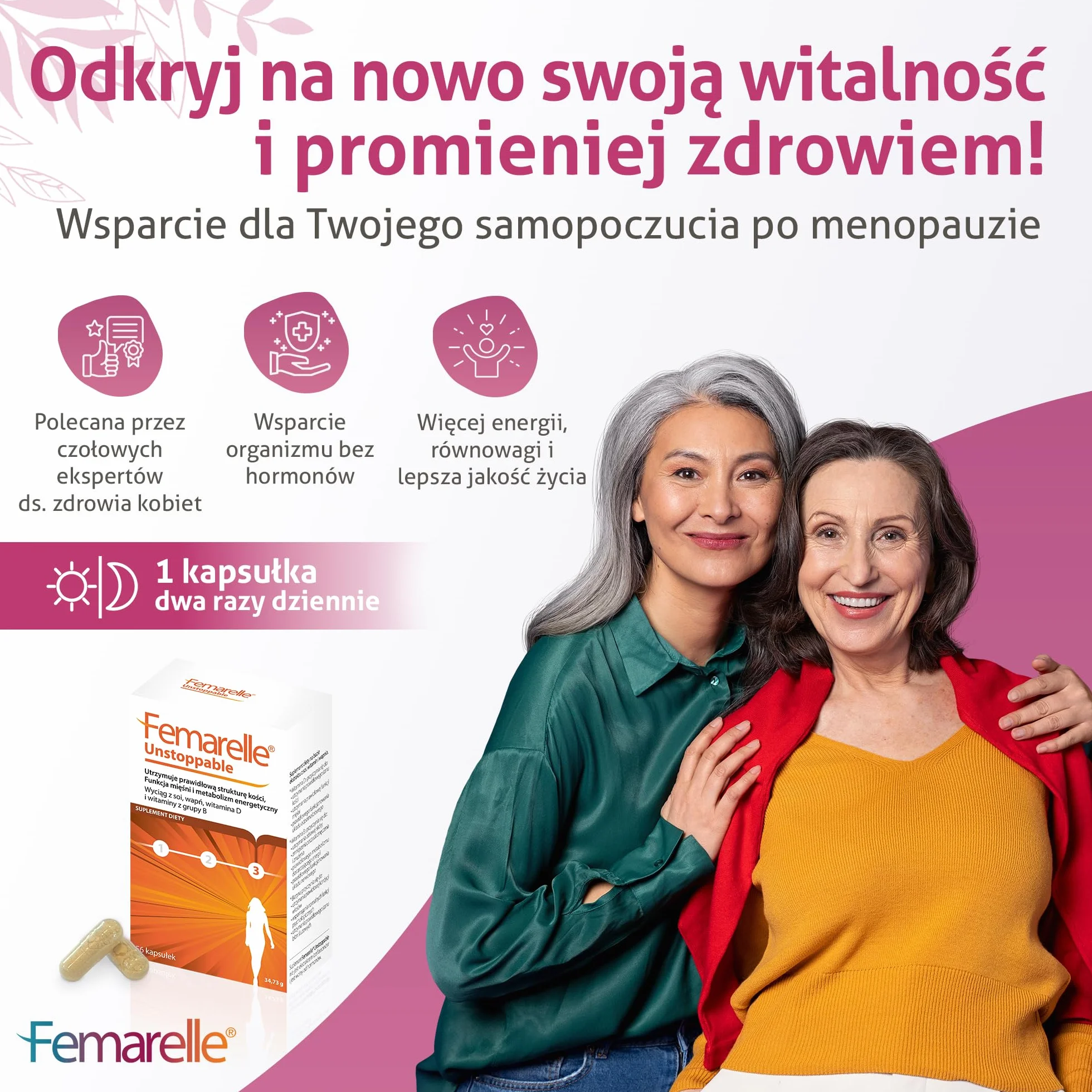 Femarelle Unstoppable 56 kapsułek – Wsparcie po menopauzie z DT56a, witaminą B2, D3, biotyną i wapniem