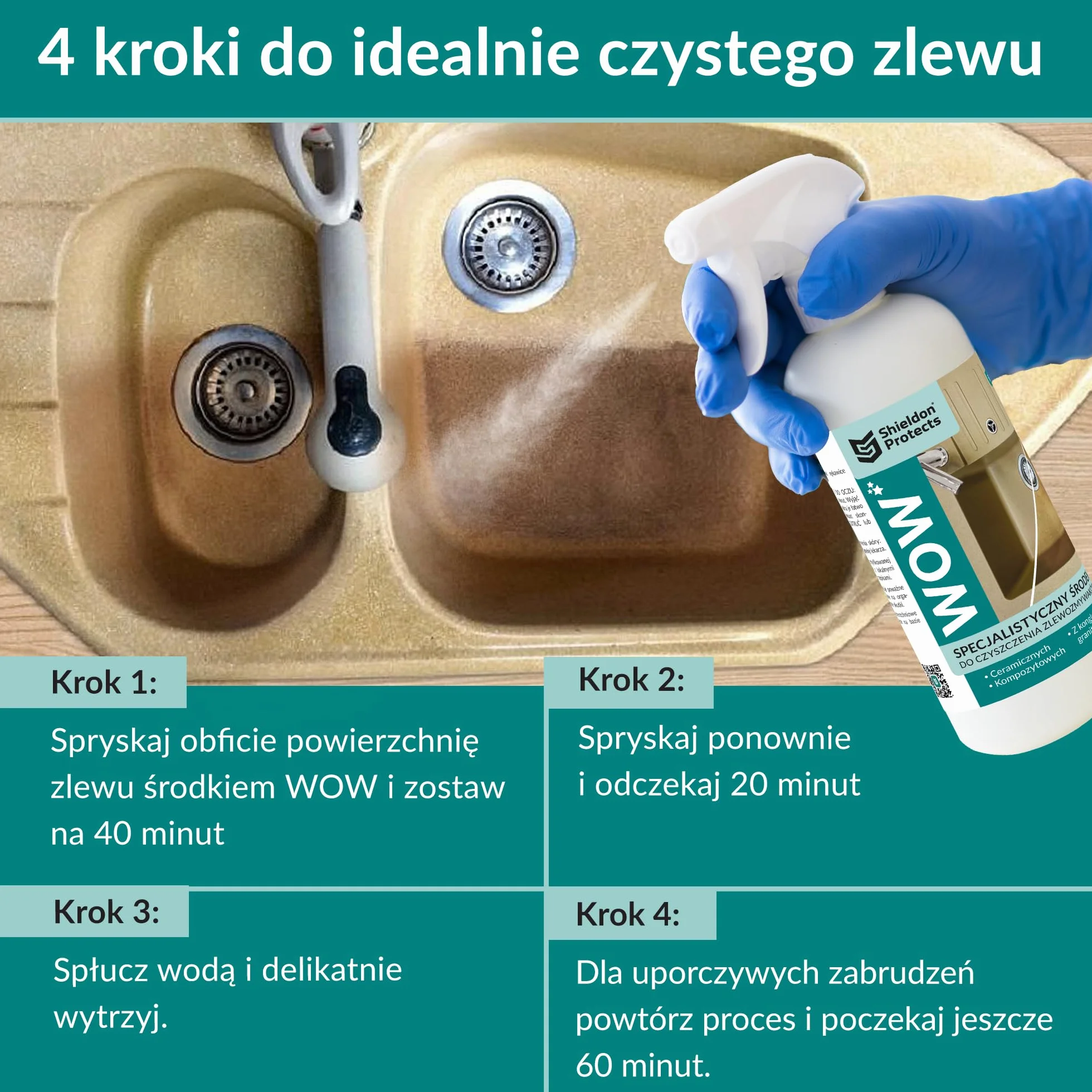 Shieldon Protects WOW – środek do czyszczenia zlewozmywaków granitowych 500 ml – usuwa ciemne plamy i przebarwienia bez szorowania – do zlewów ceramicznych, kompozytowych i konglomeratowych