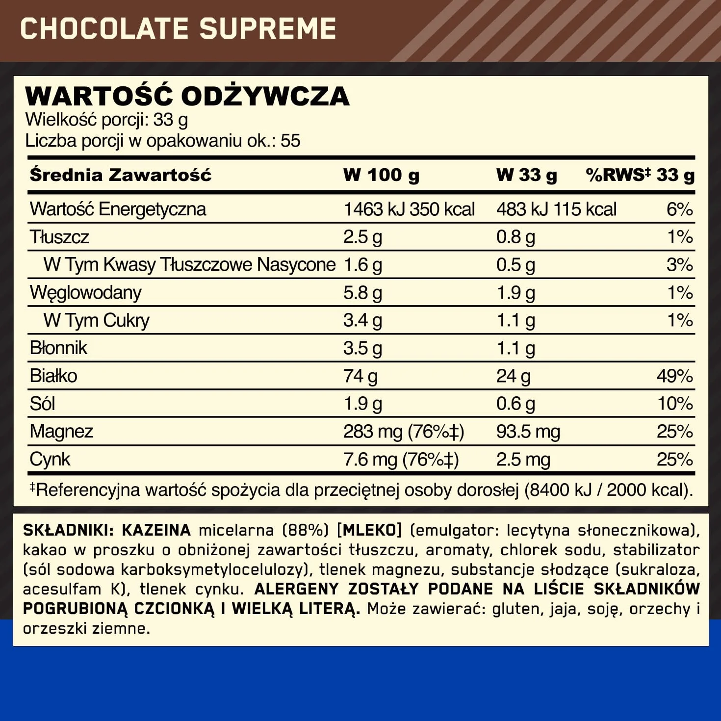 Optimum Nutrition Gold Standard 100% Casein Wolno przyswajalna odżywka na noc, smak Chocolate Supreme, 1,82 kg, 55 porcji