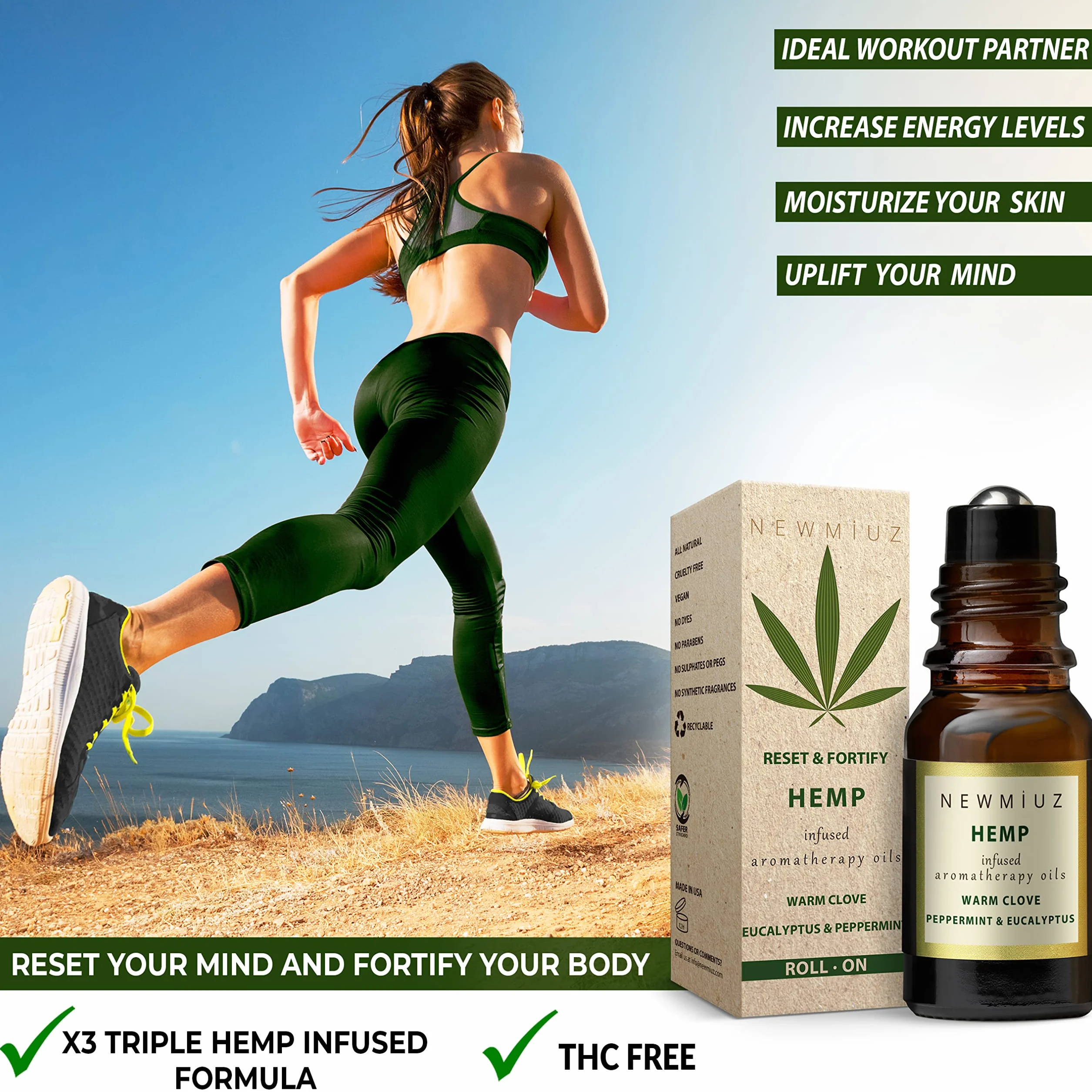 Migraine Headache Roll-On Stick 300 mg Hemp Peppermint Eucalyptus Clove & Arnica Aromatherapy Quality Essential Oils for Headache Relief Gifts for Women NEW MIUZ