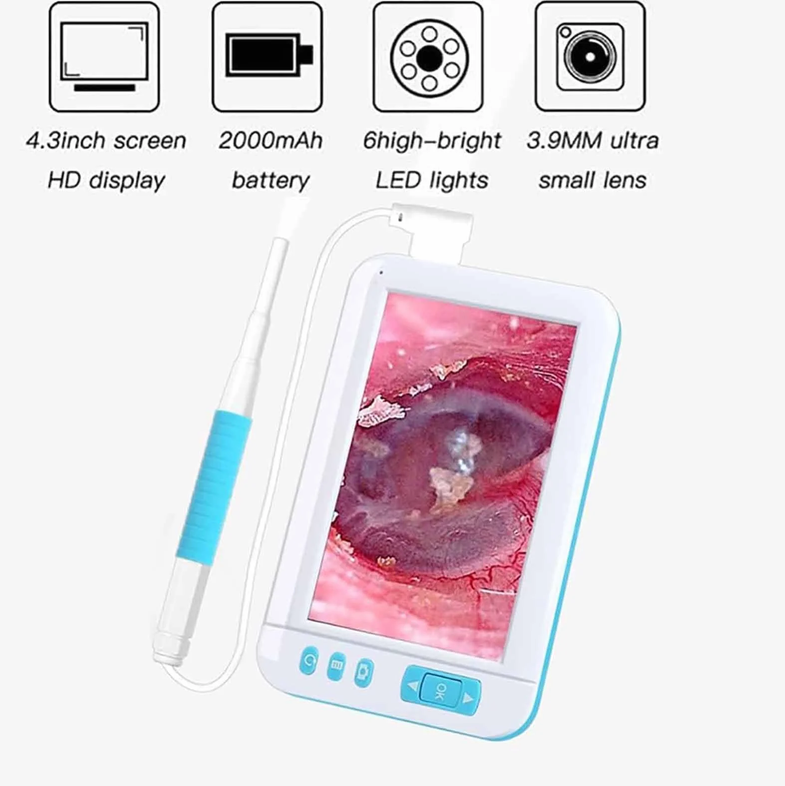 Przenośny cyfrowy Otoskop, Czyściciel uszu z obiektywem HD 1080P 3,9 Mm z 4,3 cala i 6 diodami LED IPS, przenośny zasięg ucha dla dorosłych, dzieci i zwierząt domowych