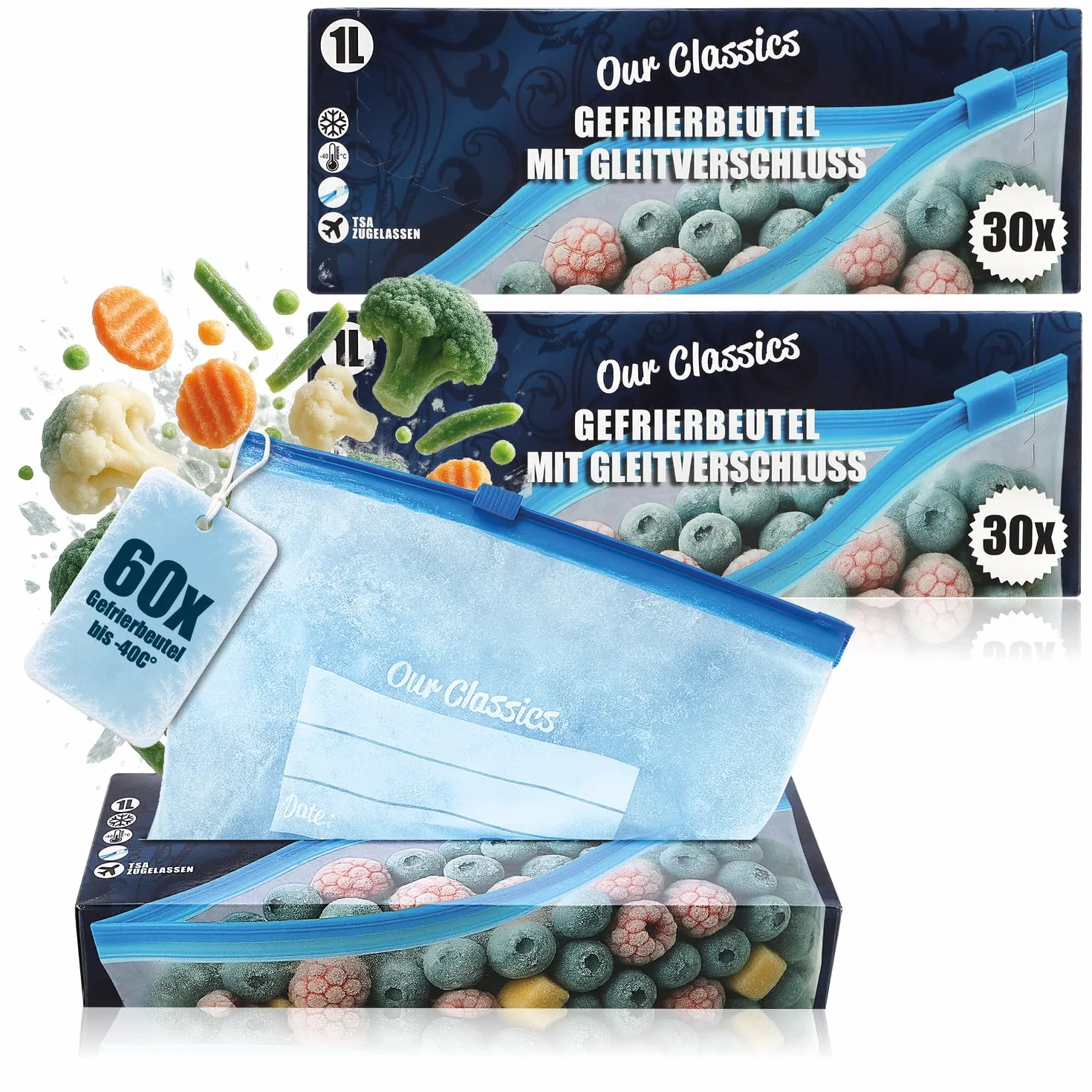 COM-FOUR® Torebki do zamrażarki 1L 60 sztuk zamykane do przechowywania żywności -40°C