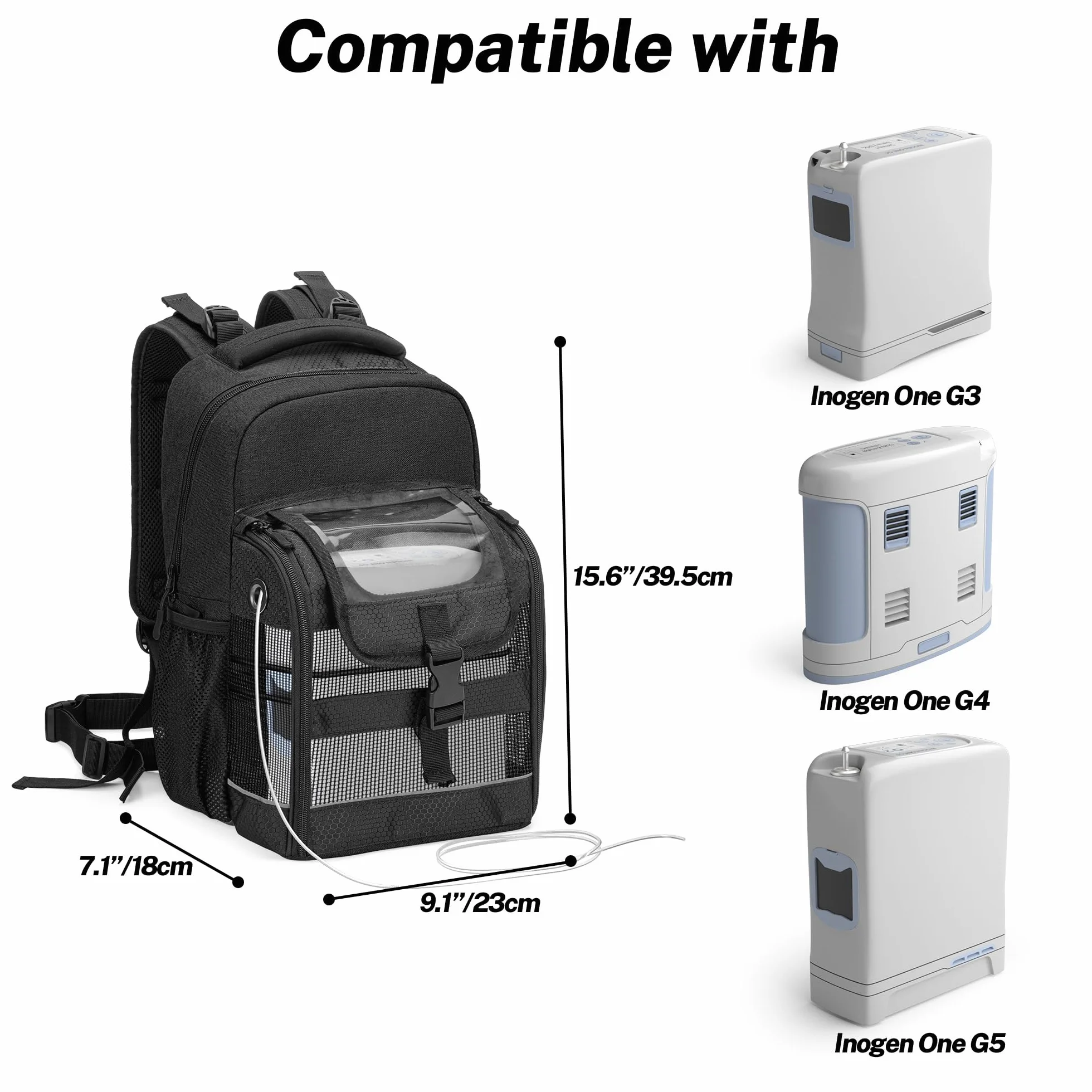 Trunab Plecak transportowy POC z przezroczystą osłoną, kompatybilny z Inogen One, Caire Freestyle Comfort, Oxygo, SimplyGo Mini, Czarny