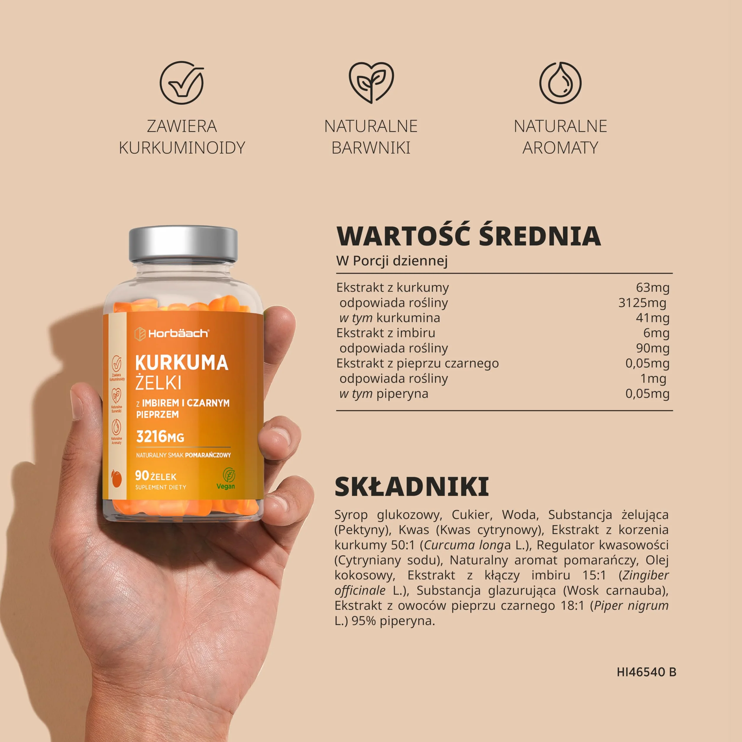 Kurkuma z Imbirem i Pipeprzem Żelki 3216mg | Pyszny Naturalny Smak Pomarańczy | Suplement z Kurkuminą o Wysokiej Mocy | 60 Wegańskich Żelków | marki Horbaach
