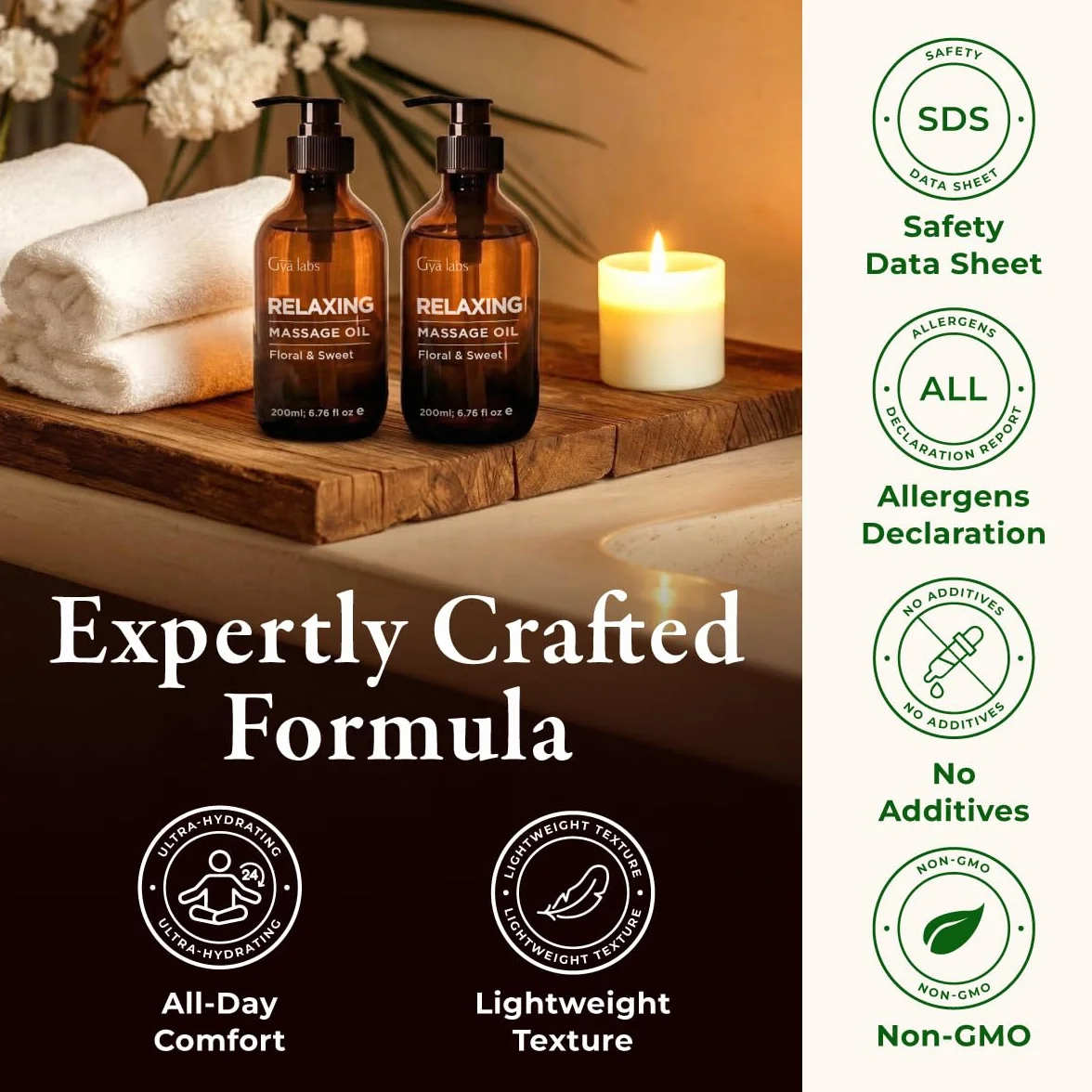 Gya Labs Relaksujący zmysłowy olejek do masażu dla par Ylang Ylang, Rose Geranium i Organic Argan Infuzed Body Oil - 200ml