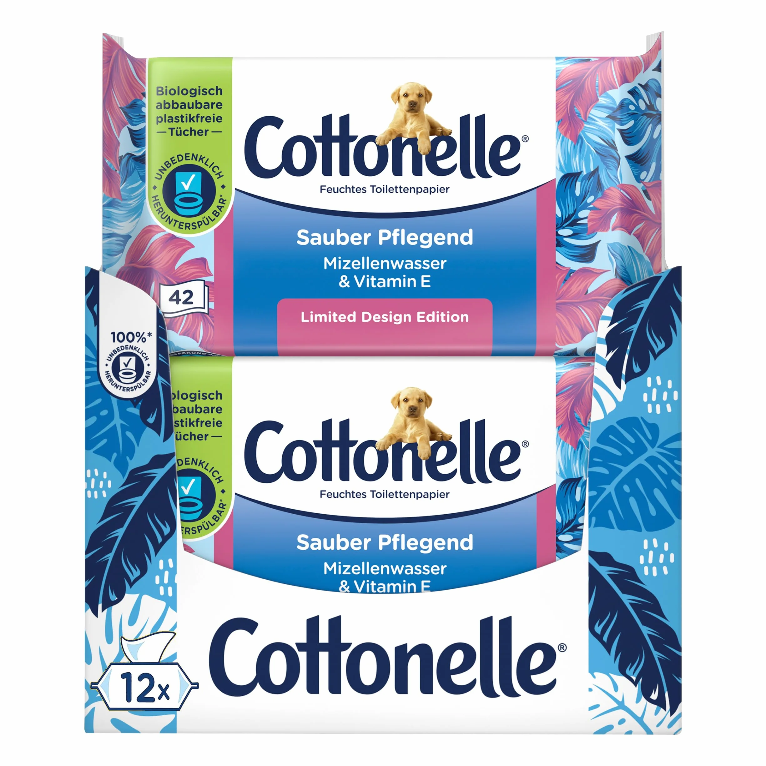 Cottonelle Wilgotny papier toaletowy, czysto pielęgnujący – woda micelarna i zapach bawełny, biodegradowalny, nie zawiera plastiku, możliwość ponownego zamknięcia, opakowanie ekonomiczne, 12 x 42